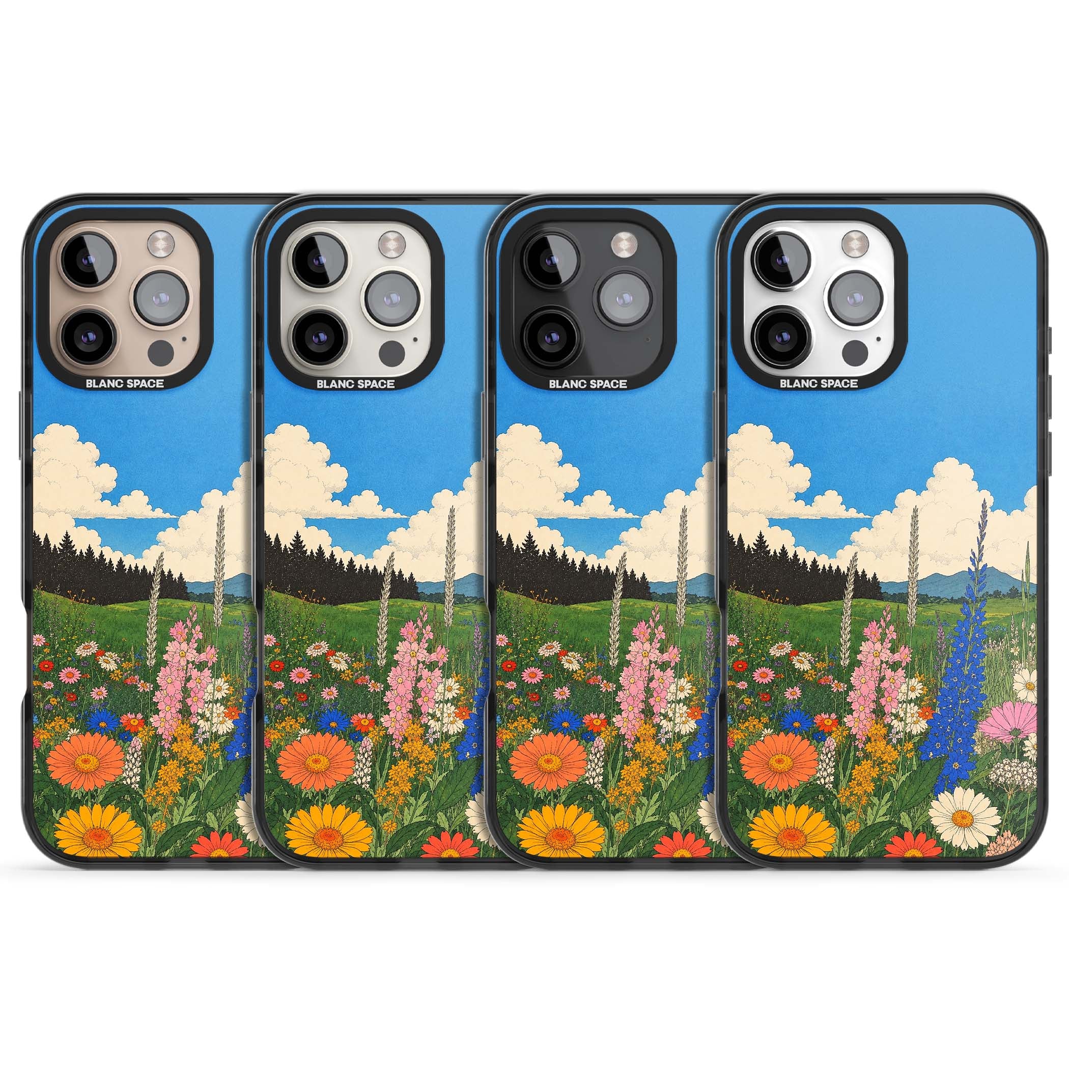 Wildbloom wildflower iPhone case featuring a vintage Japanese-style meadow landscape with daisies, delphiniums and moun | Black Impact case for iPhone 16 Pro, iPhone 16 Pro Max