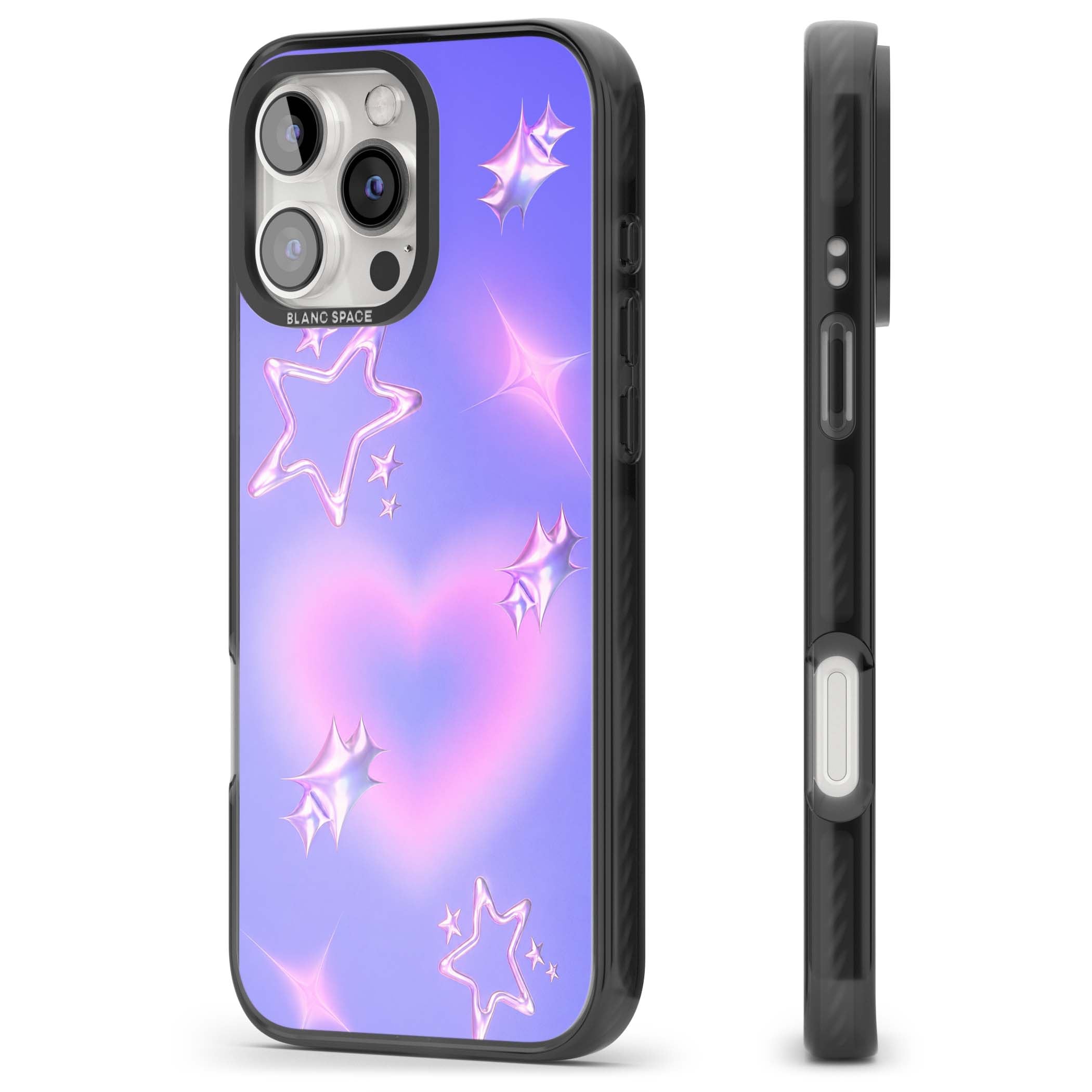 Soft Sugar Y2K iPhone case featuring iridescent chrome hearts, metallic pink stars and a lavender gradient sky | Black Impact case for iPhone 16 Pro, iPhone 16 Pro Max