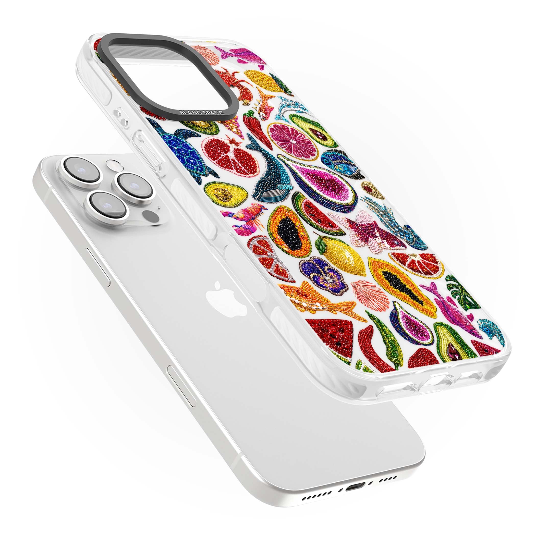 Beaded Tropic tropical iPhone case featuring beaded fruit, fish, crabs and seashells in vibrant colour | Clear Impact case for iPhone 16 Pro, iPhone 16 Pro Max