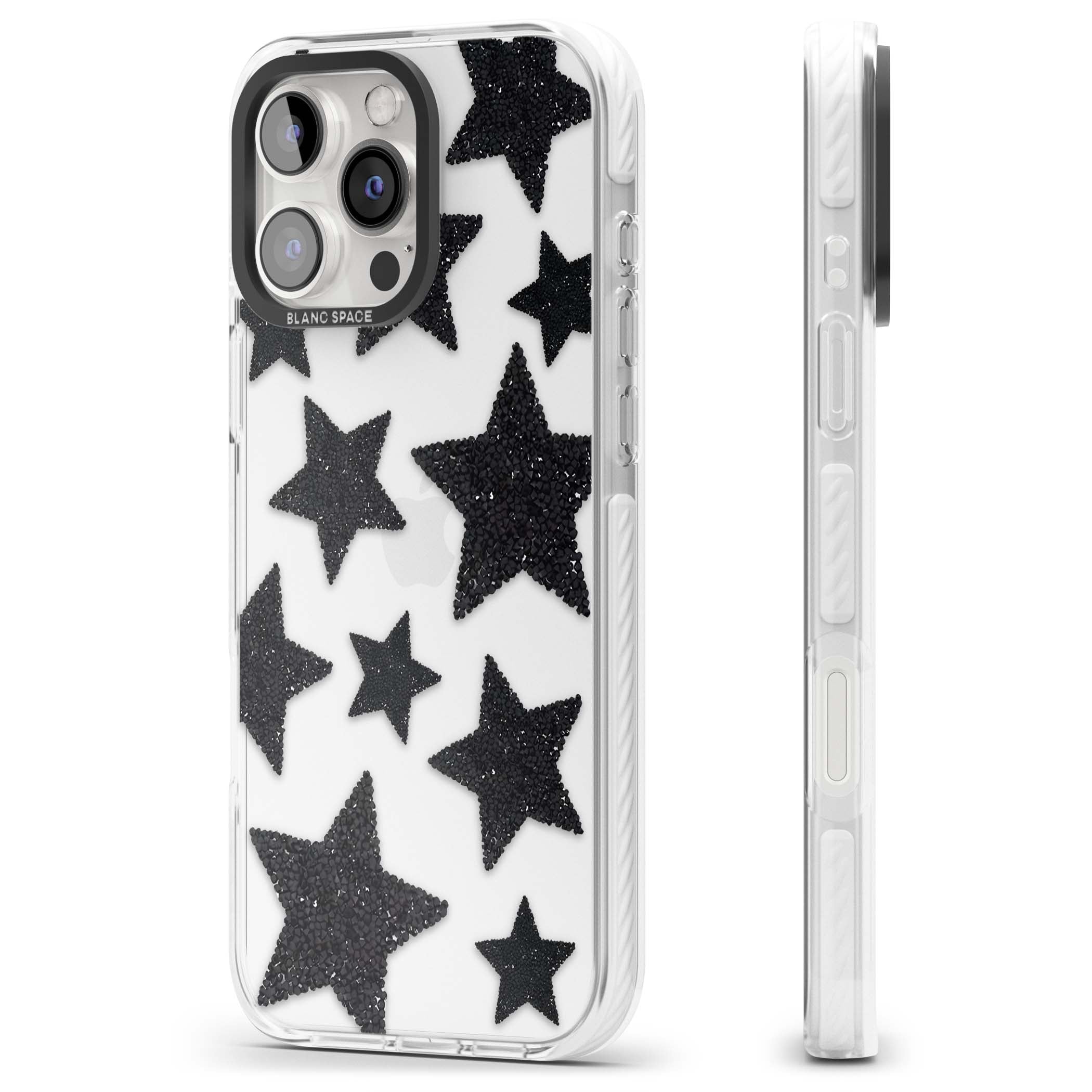 Beaded Black Stars celestial iPhone case featuring black glitter beaded stars scattered on a clear background | Clear Impact case for iPhone 16 Pro, iPhone 16 Pro Max