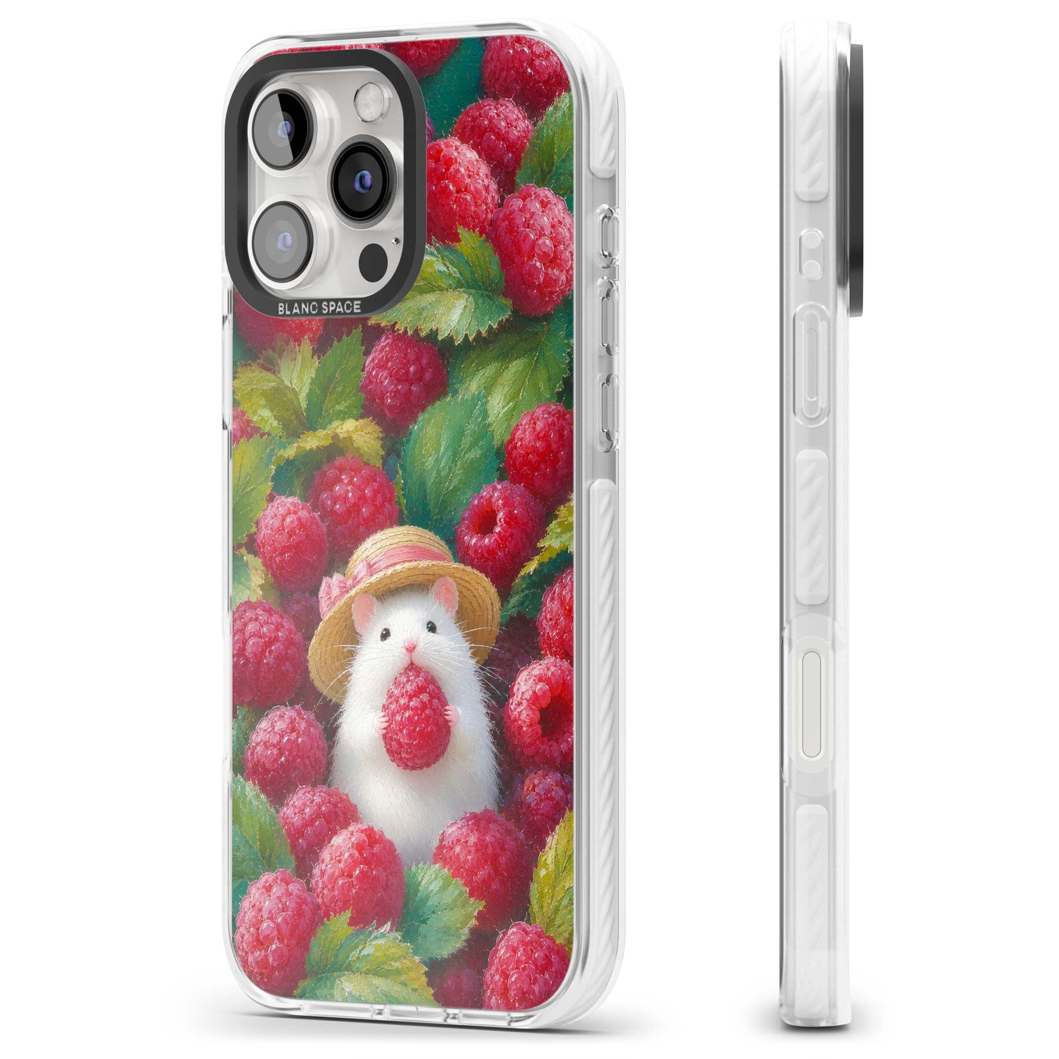 Berry Forager cottagecore iPhone case featuring a white hamster in a straw hat holding a raspberry surrounded by ripe ber | Clear Impact case for iPhone 16 Pro, iPhone 16 Pro Max