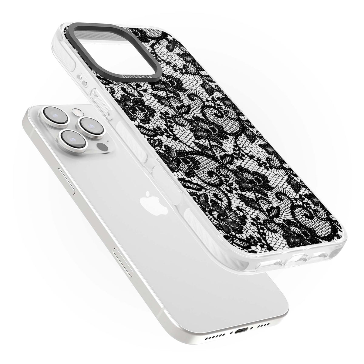 Black Lace gothic iPhone case featuring intricate black floral lace pattern with vintage whimsigoth detail | Clear Impact case for iPhone 16 Pro, iPhone 16 Pro Max