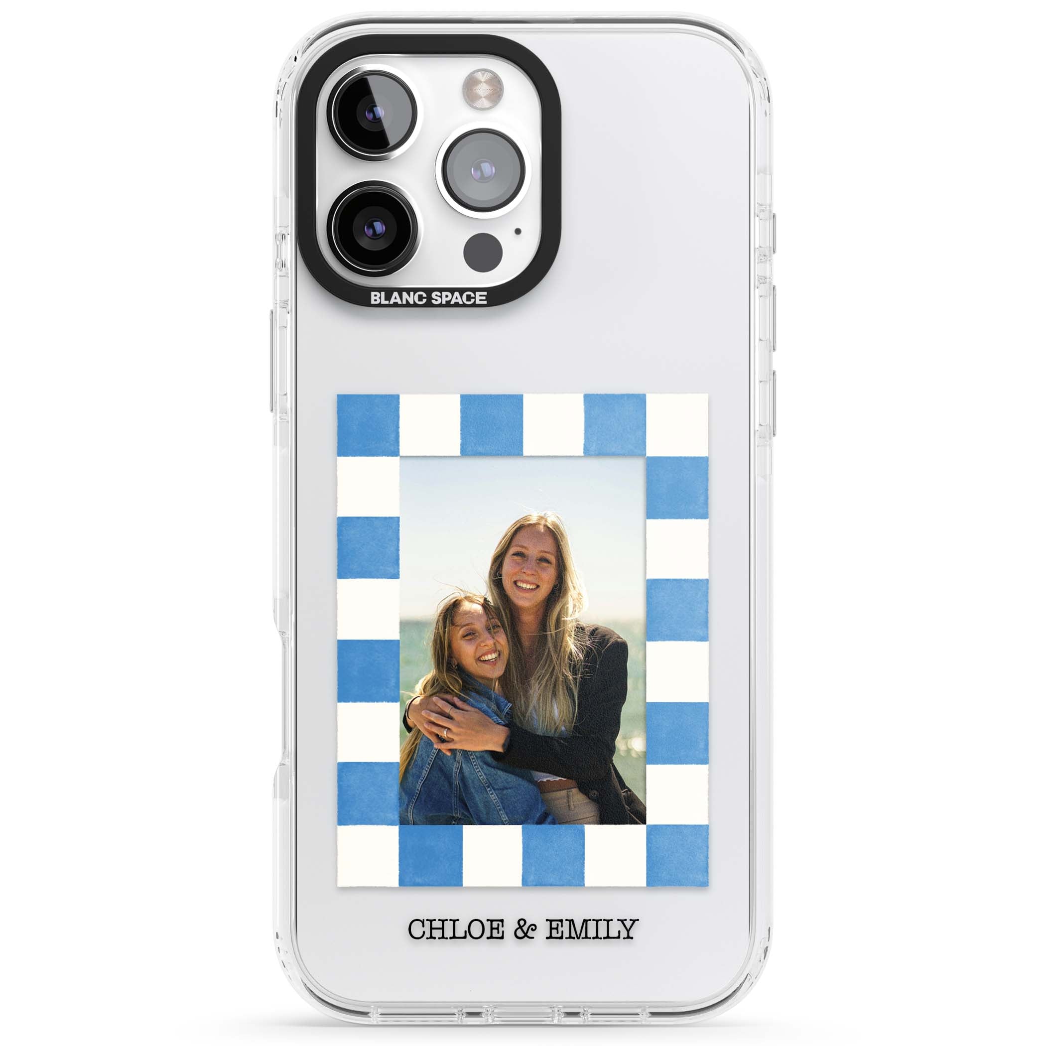 Blue Check Photo personalised photo iPhone case with blue checkered frame and custom couple names | Clear Impact case for iPhone 16 Pro, iPhone 16 Pro Max