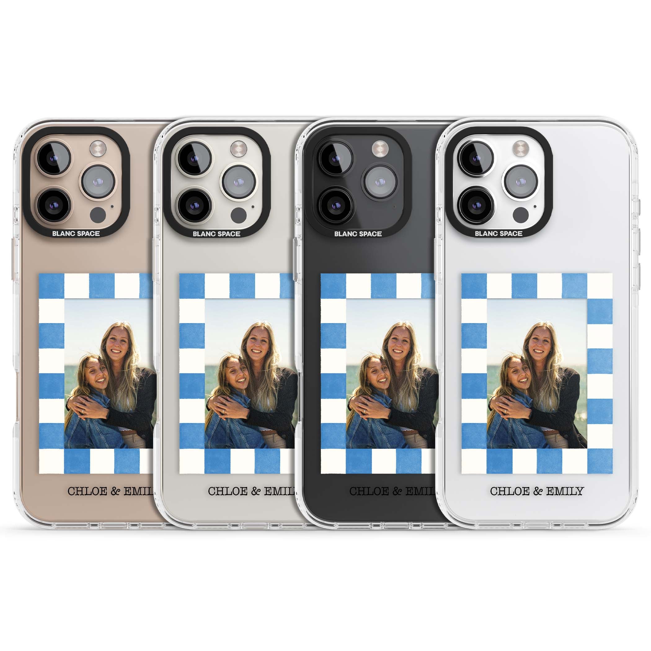Blue Check Photo personalised photo iPhone case with blue checkered frame and custom couple names | Clear Impact case for iPhone 16 Pro, iPhone 16 Pro Max