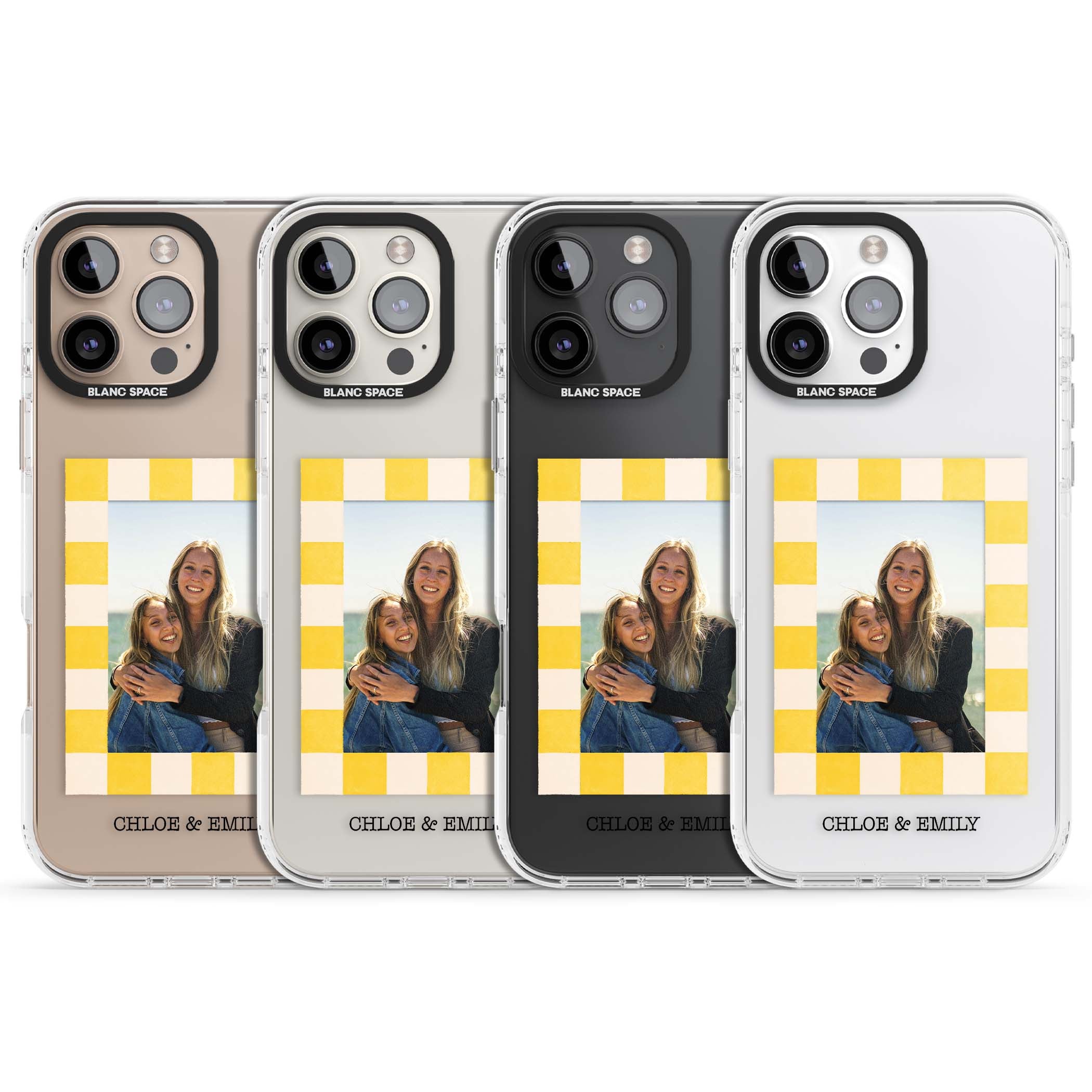 Yellow Check Photo personalised iPhone case with yellow checkered Polaroid frame and custom names beneath | Clear Impact case for iPhone 16 Pro, iPhone 16 Pro Max