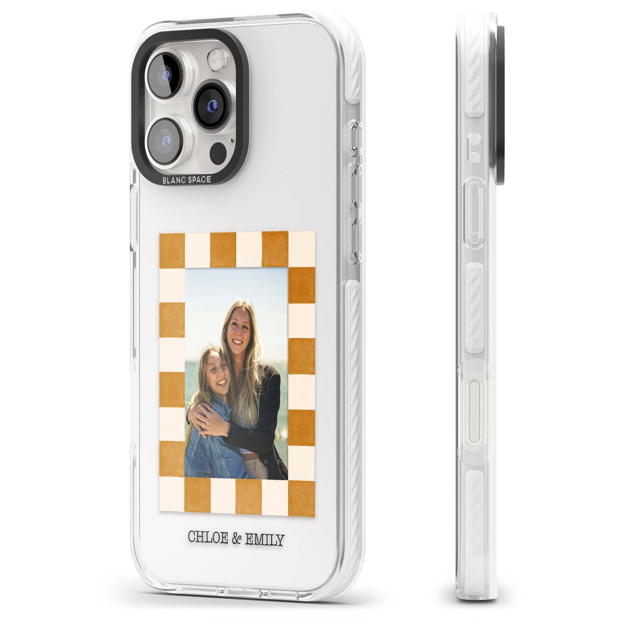 Citrus Check Photo personalised iPhone case with custom photo, orange checkered frame and names underneath | Clear Impact case for iPhone 16 Pro, iPhone 16 Pro Max