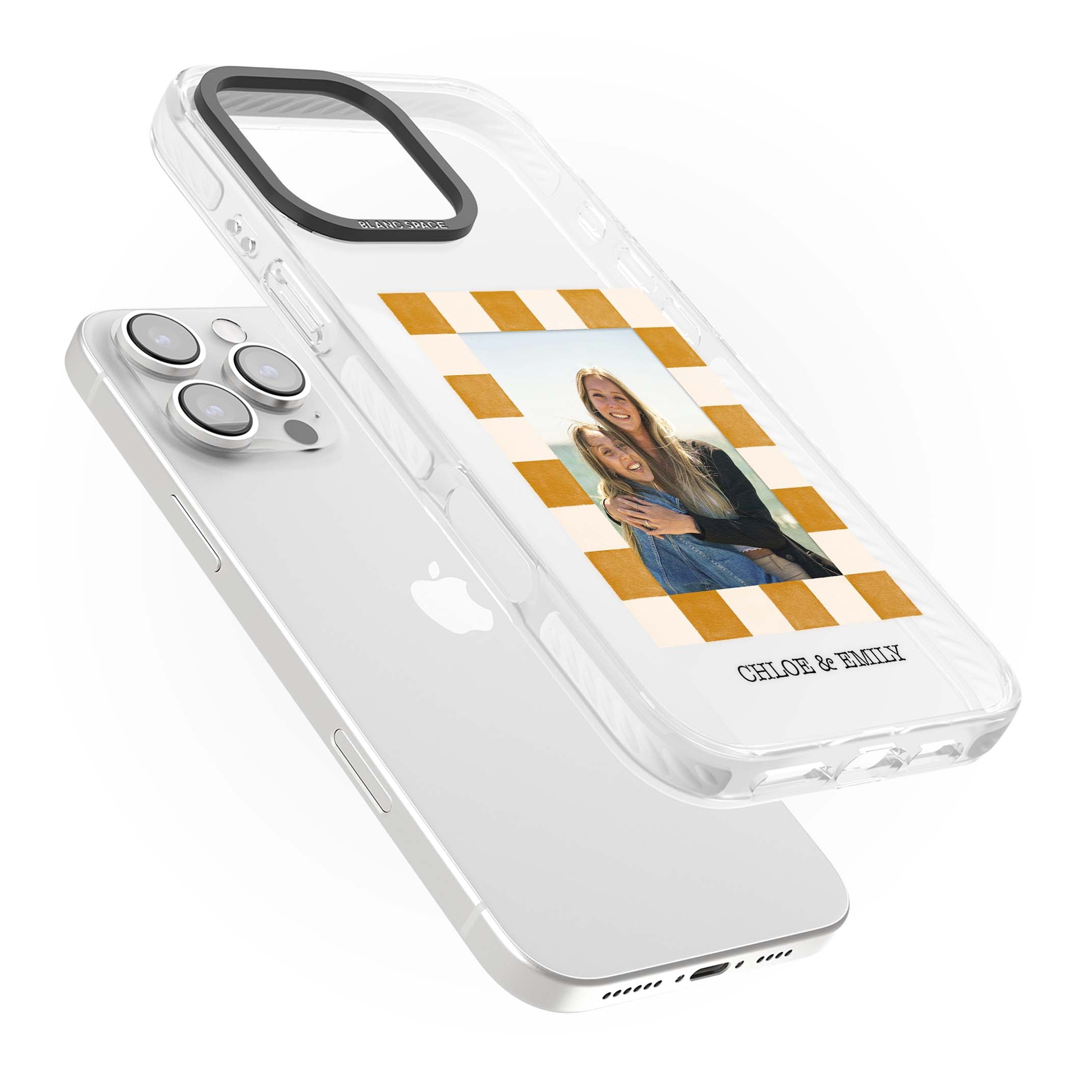 Citrus Check Photo personalised iPhone case with custom photo, orange checkered frame and names underneath | Clear Impact case for iPhone 16 Pro, iPhone 16 Pro Max
