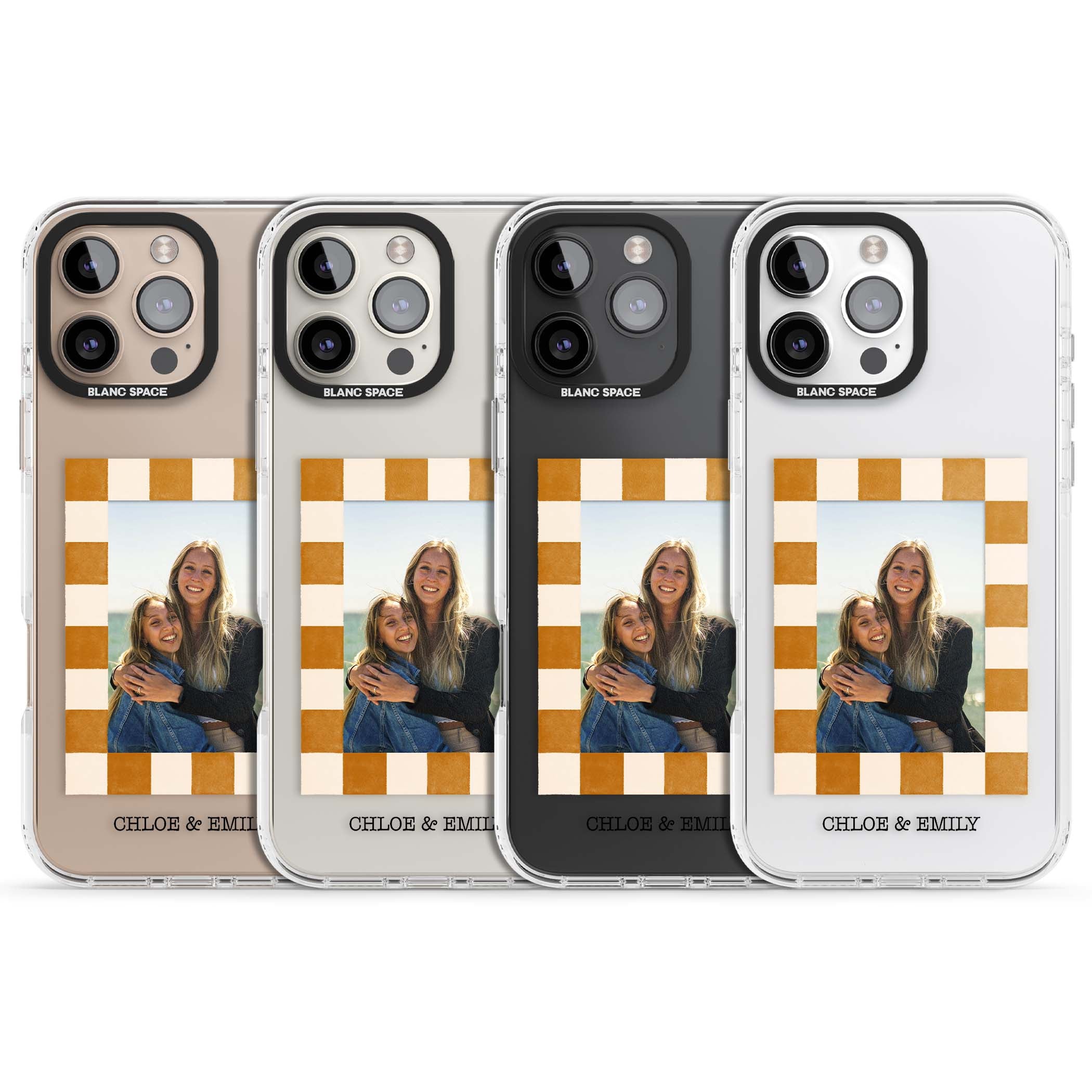 Citrus Check Photo personalised iPhone case with custom photo, orange checkered frame and names underneath | Clear Impact case for iPhone 16 Pro, iPhone 16 Pro Max