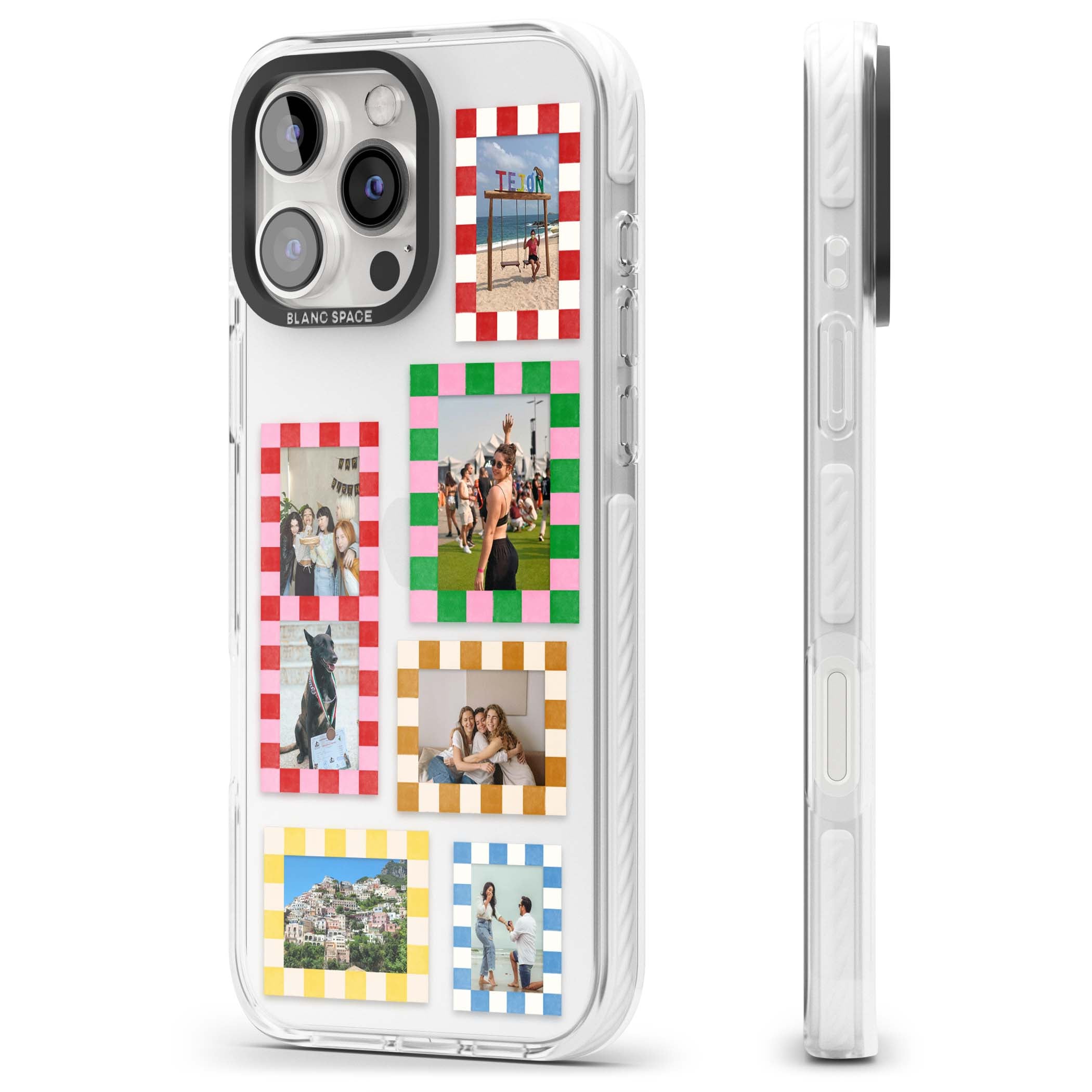 Italian Check Frames custom photo collage iPhone case featuring six checkered photo frames in red, green, pink and | Clear Impact case for iPhone 16 Pro, iPhone 16 Pro Max