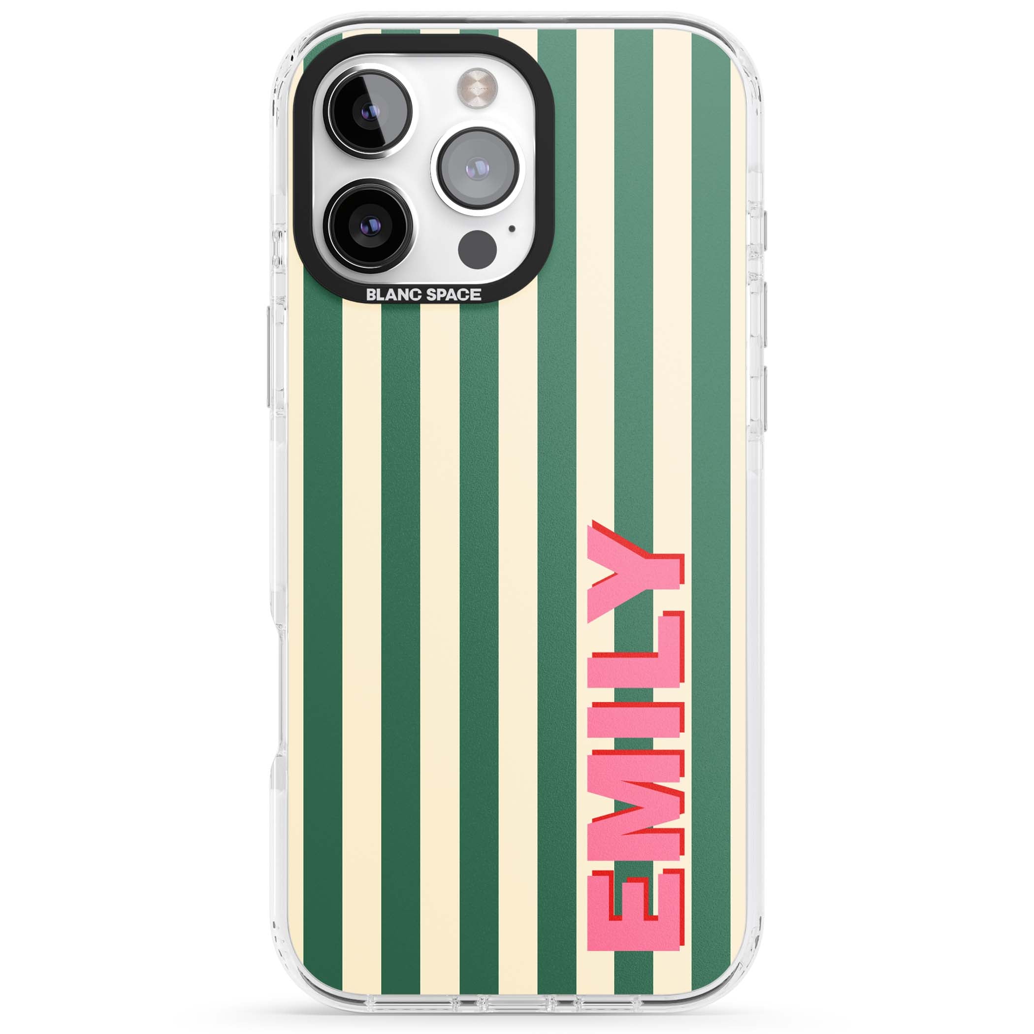 Wimbledon Stripe preppy iPhone case featuring green and cream vertical stripes with a personalised pink name | Clear Impact case for iPhone 16 Pro, iPhone 16 Pro Max