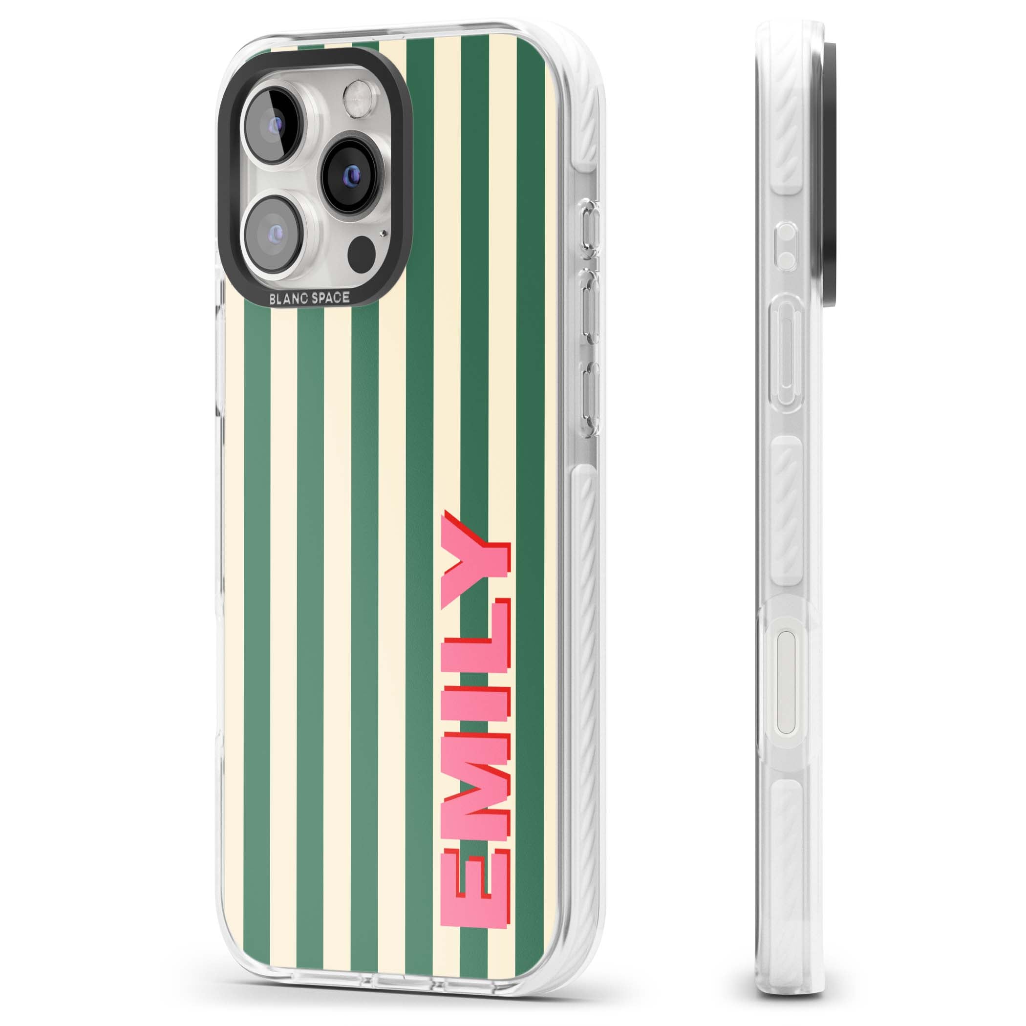 Wimbledon Stripe preppy iPhone case featuring green and cream vertical stripes with a personalised pink name | Clear Impact case for iPhone 16 Pro, iPhone 16 Pro Max