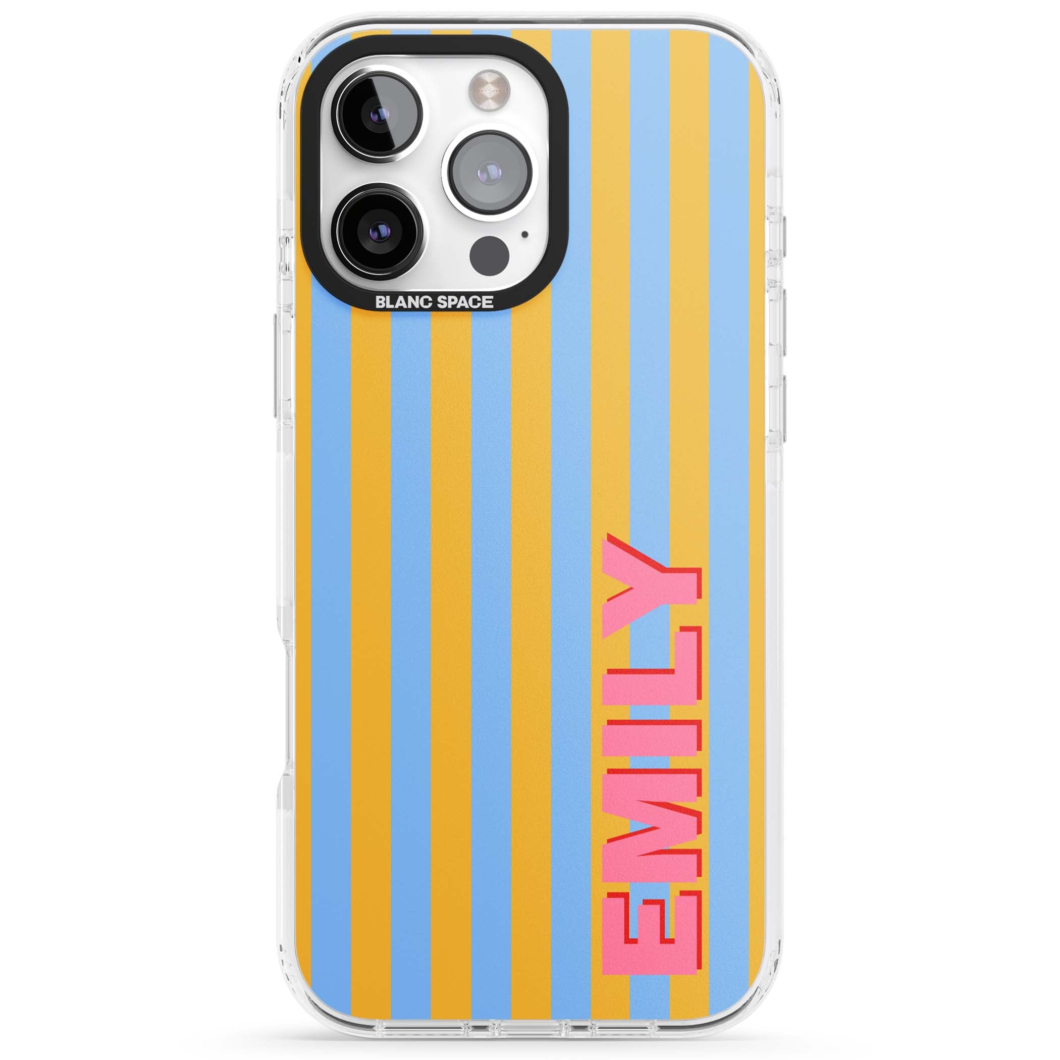Carribean Stripe personalised coastal iPhone case with yellow and blue vertical stripes and a custom pink name | Clear Impact case for iPhone 16 Pro, iPhone 16 Pro Max