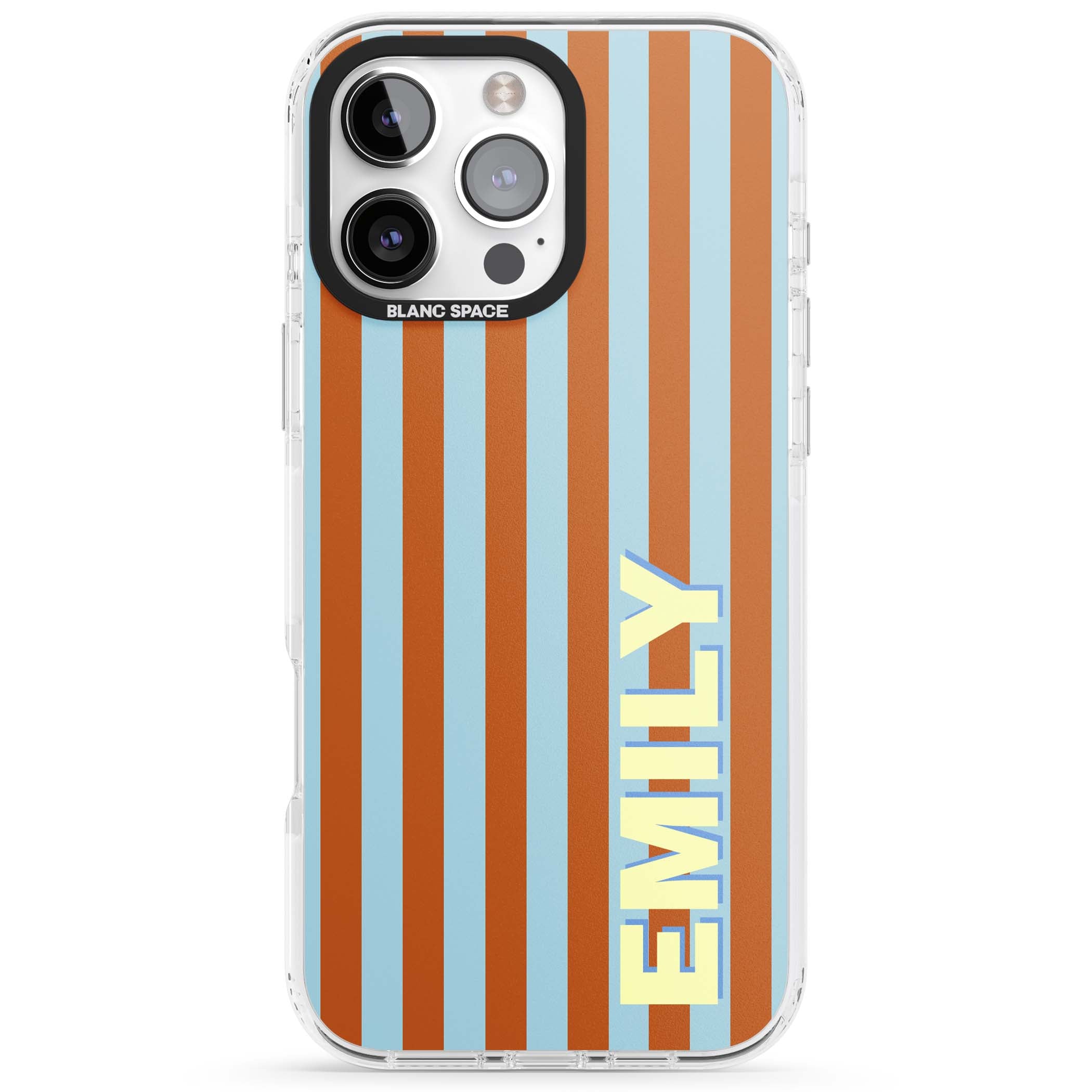 Cappadocia Stripe personalised coastal iPhone case featuring blue and orange vertical stripes with custom cream name | Clear Impact case for iPhone 16 Pro, iPhone 16 Pro Max