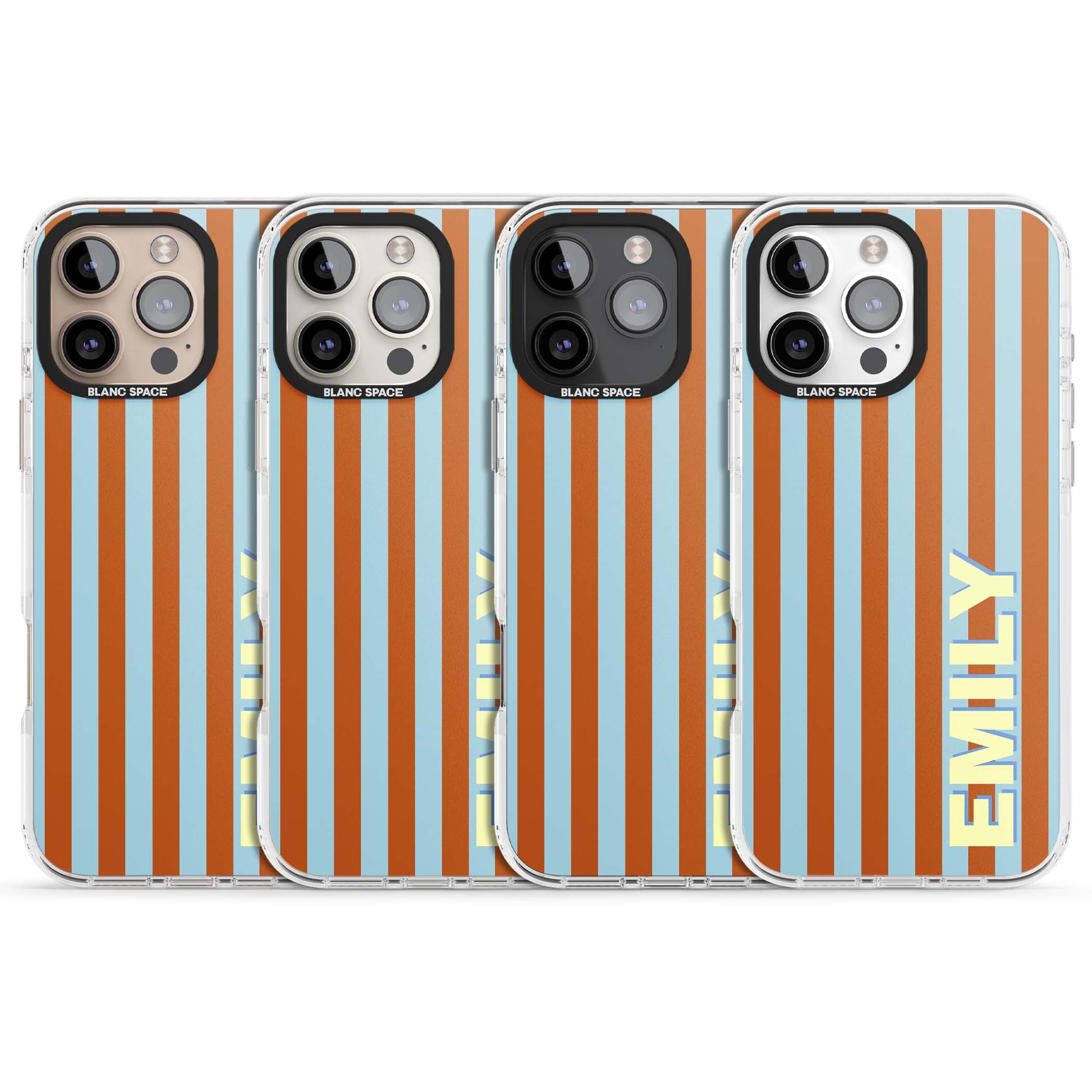 Cappadocia Stripe personalised coastal iPhone case featuring blue and orange vertical stripes with custom cream name | Clear Impact case for iPhone 16 Pro, iPhone 16 Pro Max