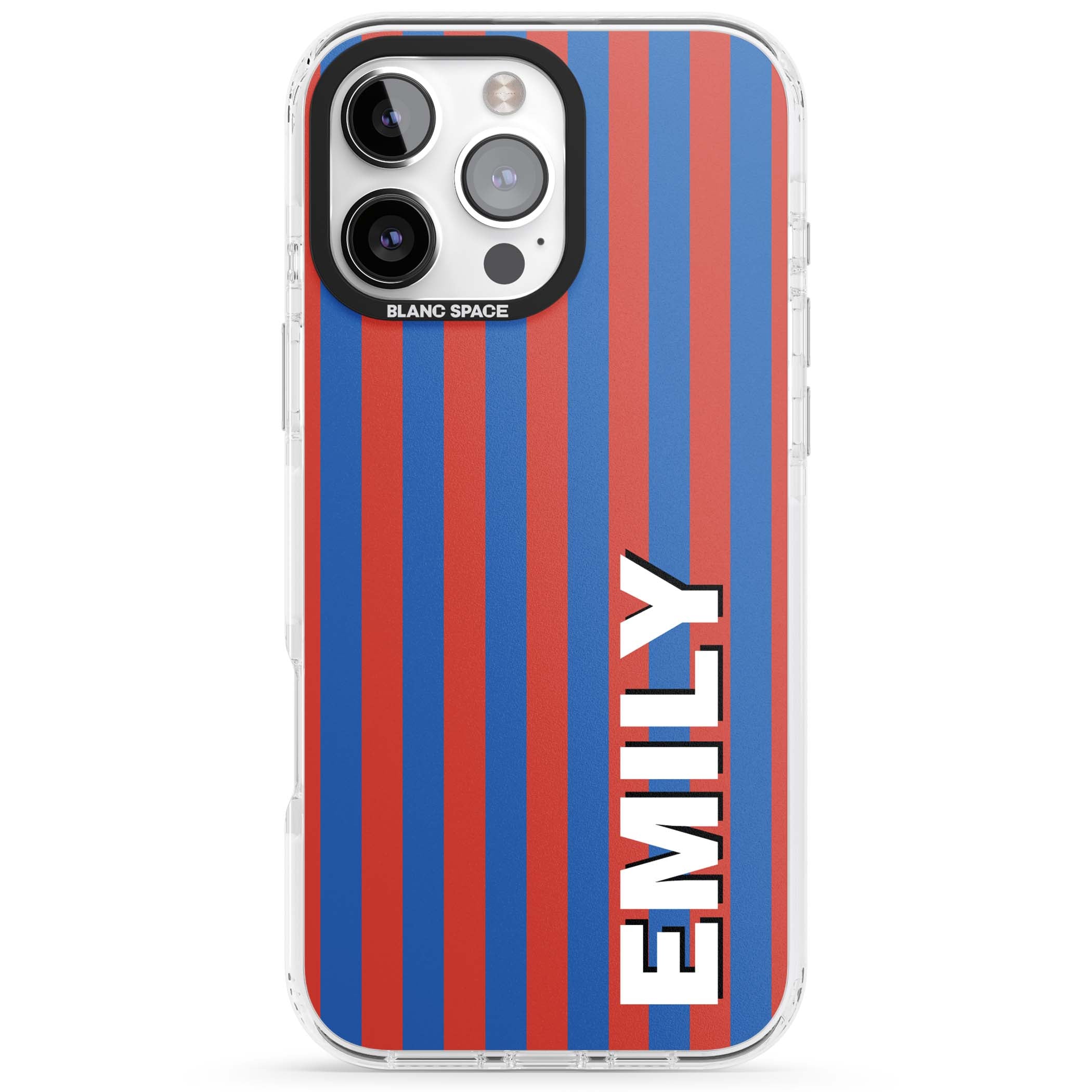 Cuban Stripe personalised iPhone case featuring red and blue vertical stripes with custom name in bold white letters | Clear Impact case for iPhone 16 Pro, iPhone 16 Pro Max