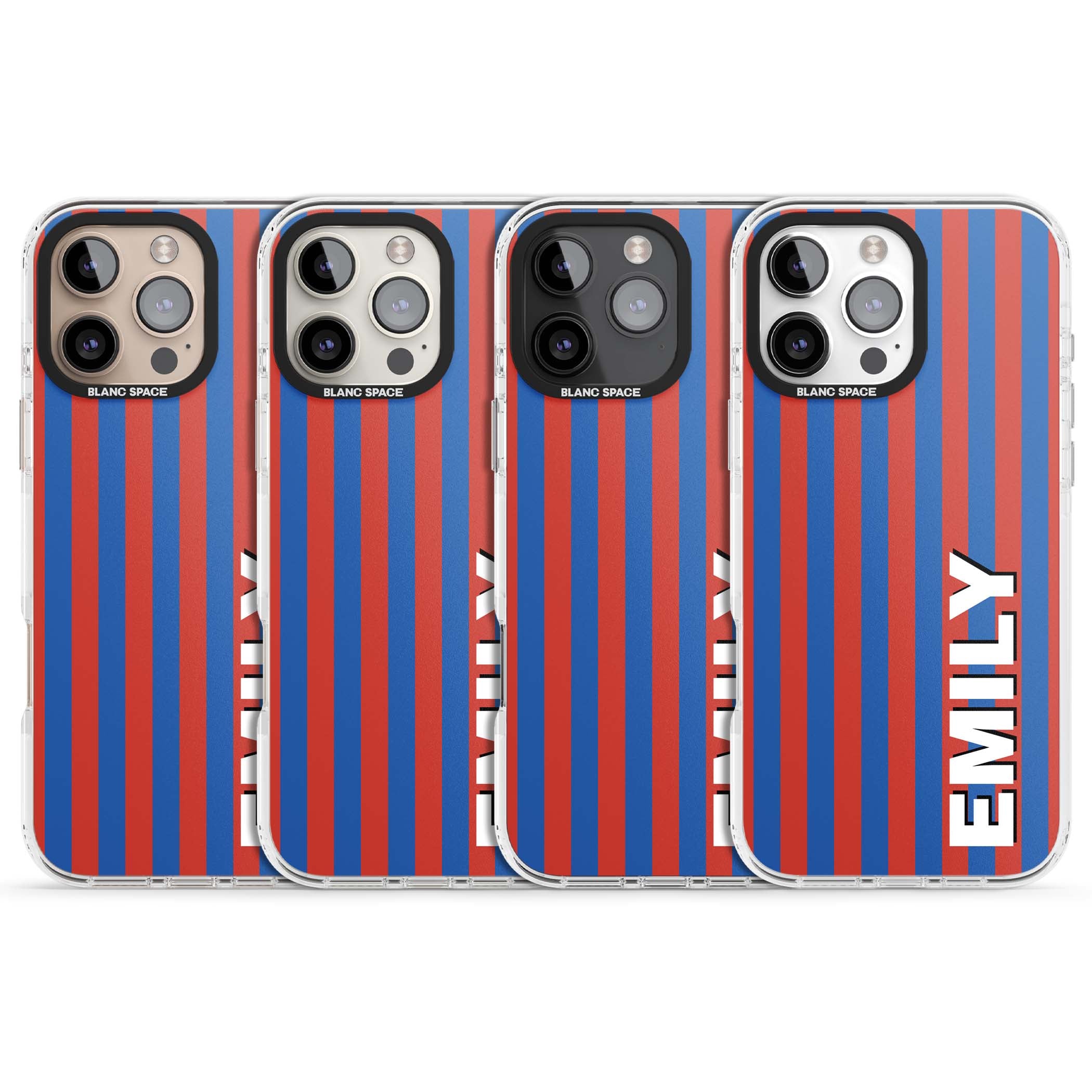 Cuban Stripe personalised iPhone case featuring red and blue vertical stripes with custom name in bold white letters | Clear Impact case for iPhone 16 Pro, iPhone 16 Pro Max