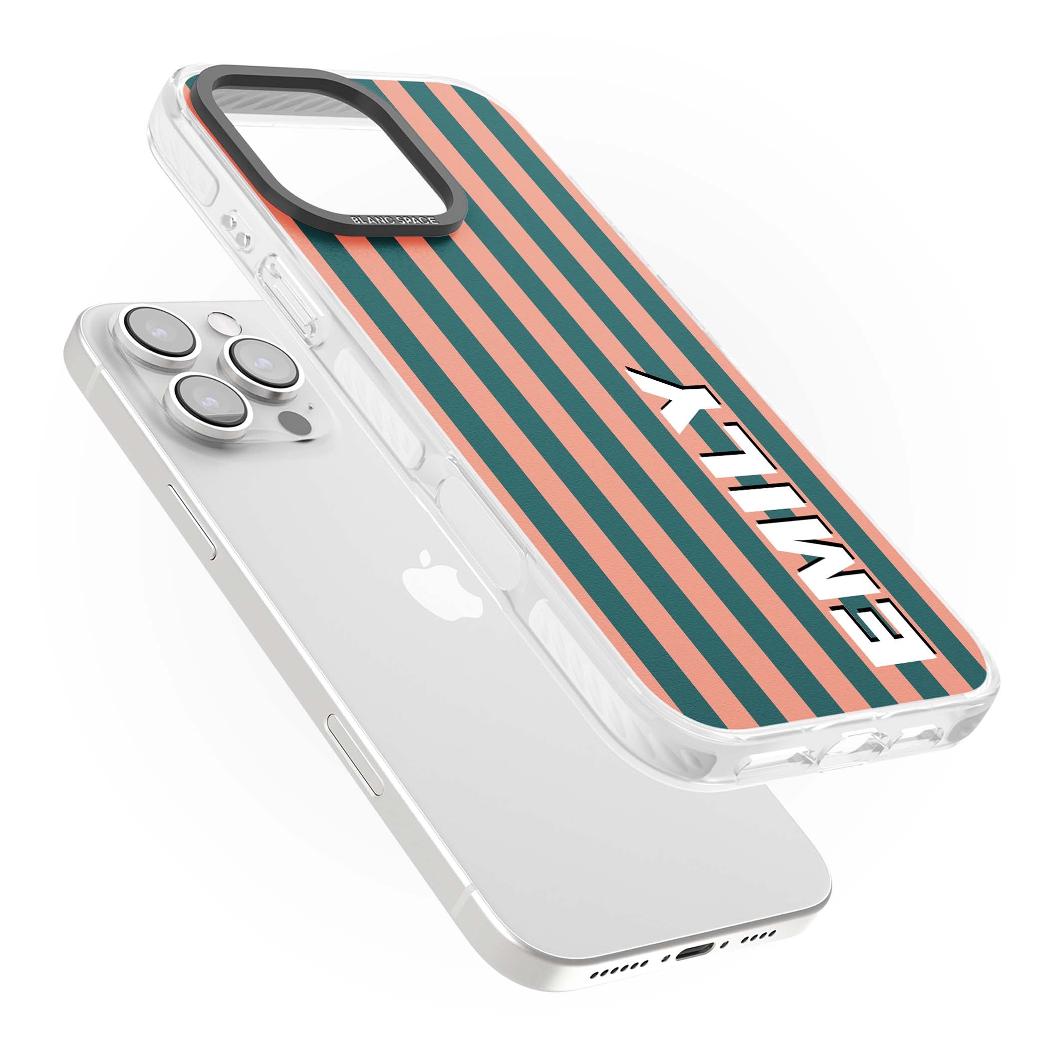 Tuscan Stripe personalised iPhone case featuring coral and green vertical stripes with bold custom name | Clear Impact case for iPhone 16 Pro, iPhone 16 Pro Max