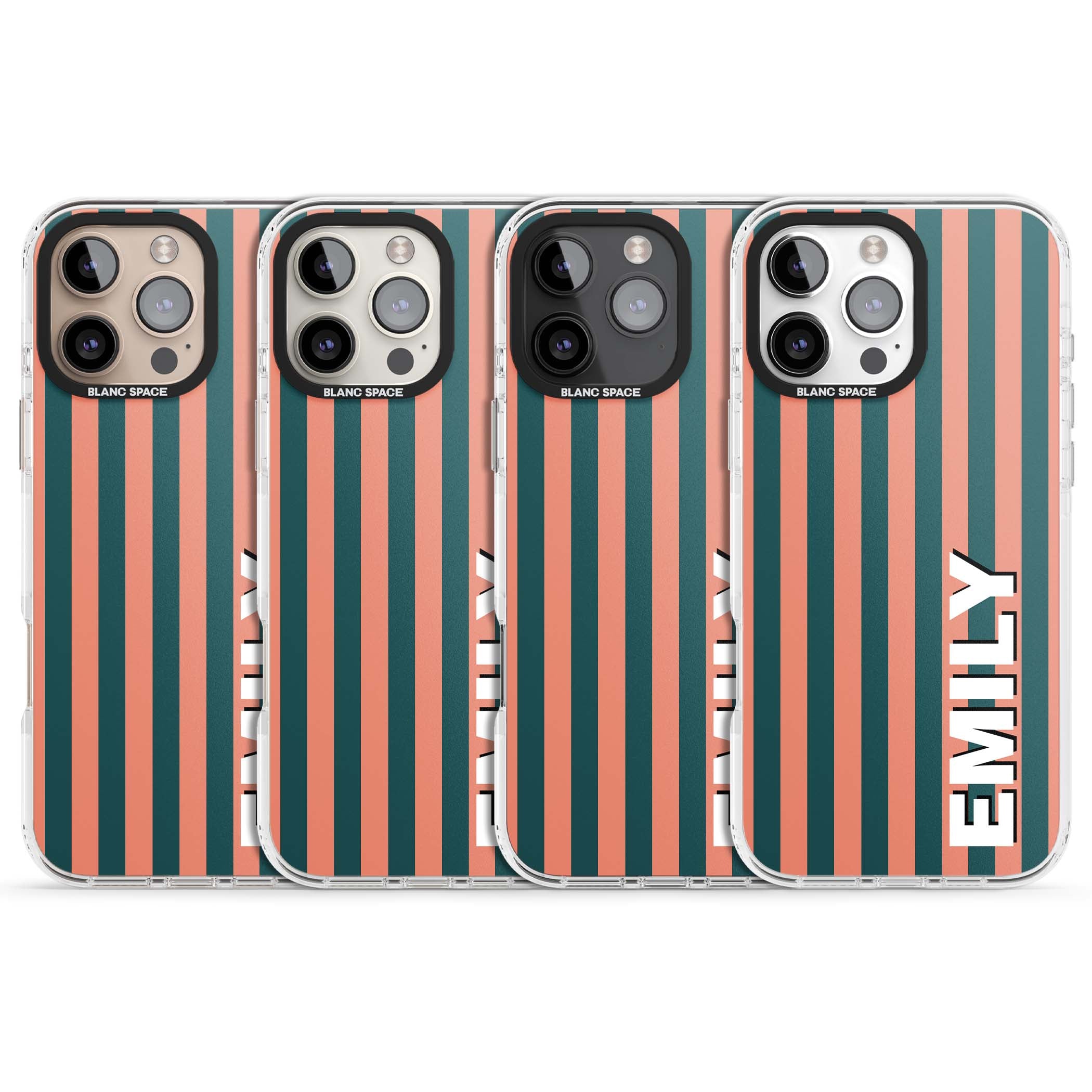Tuscan Stripe personalised iPhone case featuring coral and green vertical stripes with bold custom name | Clear Impact case for iPhone 16 Pro, iPhone 16 Pro Max