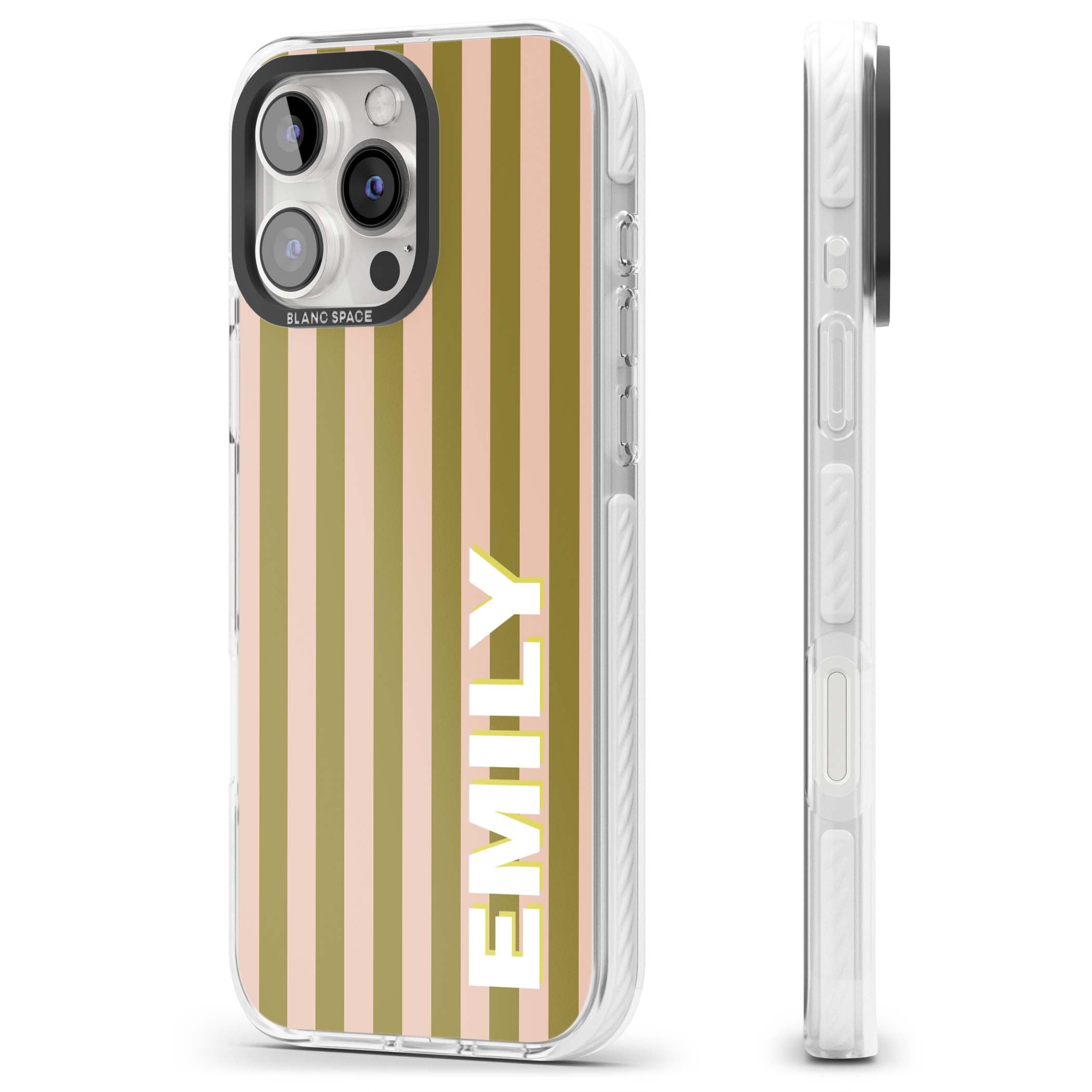 Indian Stripe personalised iPhone case featuring olive green and blush pink vertical stripes with custom name in whit | Clear Impact case for iPhone 16 Pro, iPhone 16 Pro Max