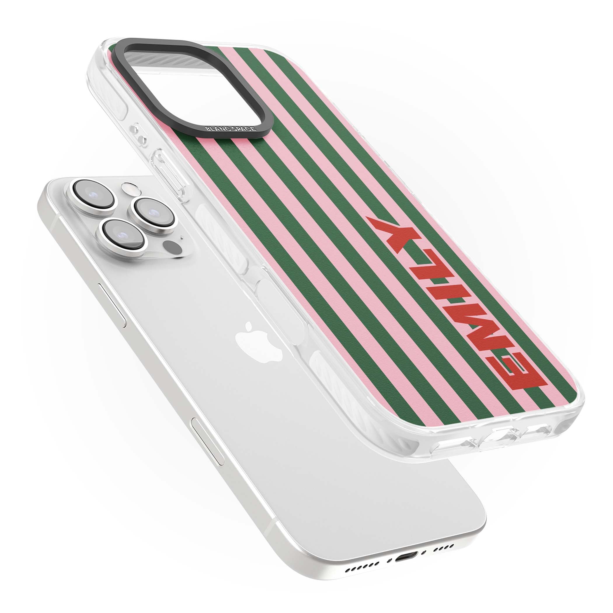 Italian Stripe preppy iPhone case featuring pink and green vertical stripes with personalised red name | Clear Impact case for iPhone 16 Pro, iPhone 16 Pro Max