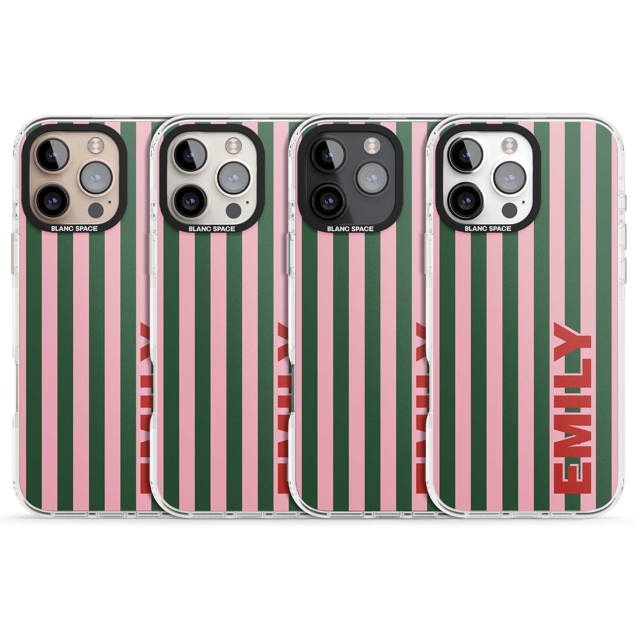 Italian Stripe preppy iPhone case featuring pink and green vertical stripes with personalised red name | Clear Impact case for iPhone 16 Pro, iPhone 16 Pro Max