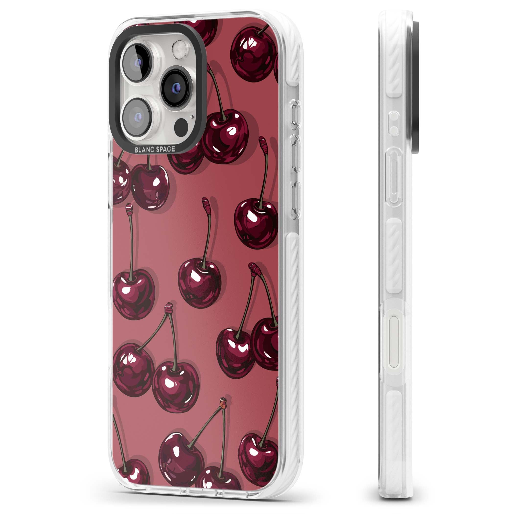 Cherry Rebel coquette iPhone case featuring glossy burgundy cherries on a dusty rose background | Clear Impact case for iPhone 16 Pro, iPhone 16 Pro Max