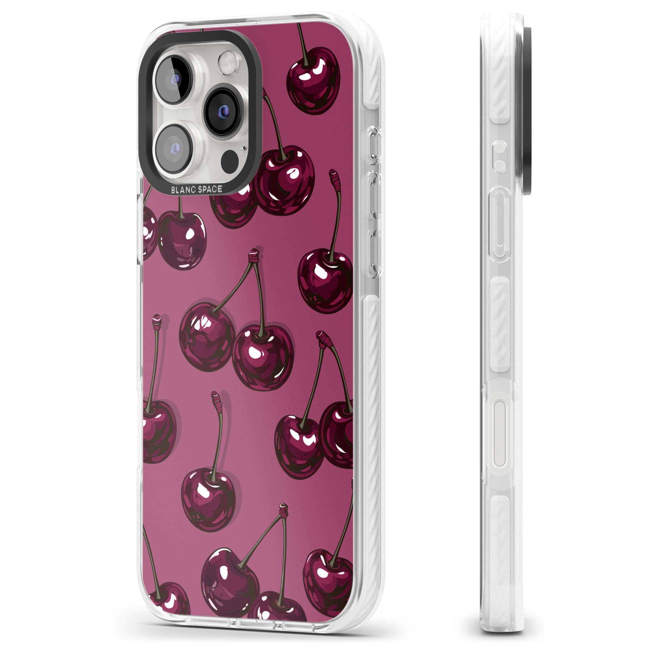 Cherry Soda coquette iPhone case featuring glossy burgundy cherries on a dusty pink background | Clear Impact case for iPhone 16 Pro, iPhone 16 Pro Max