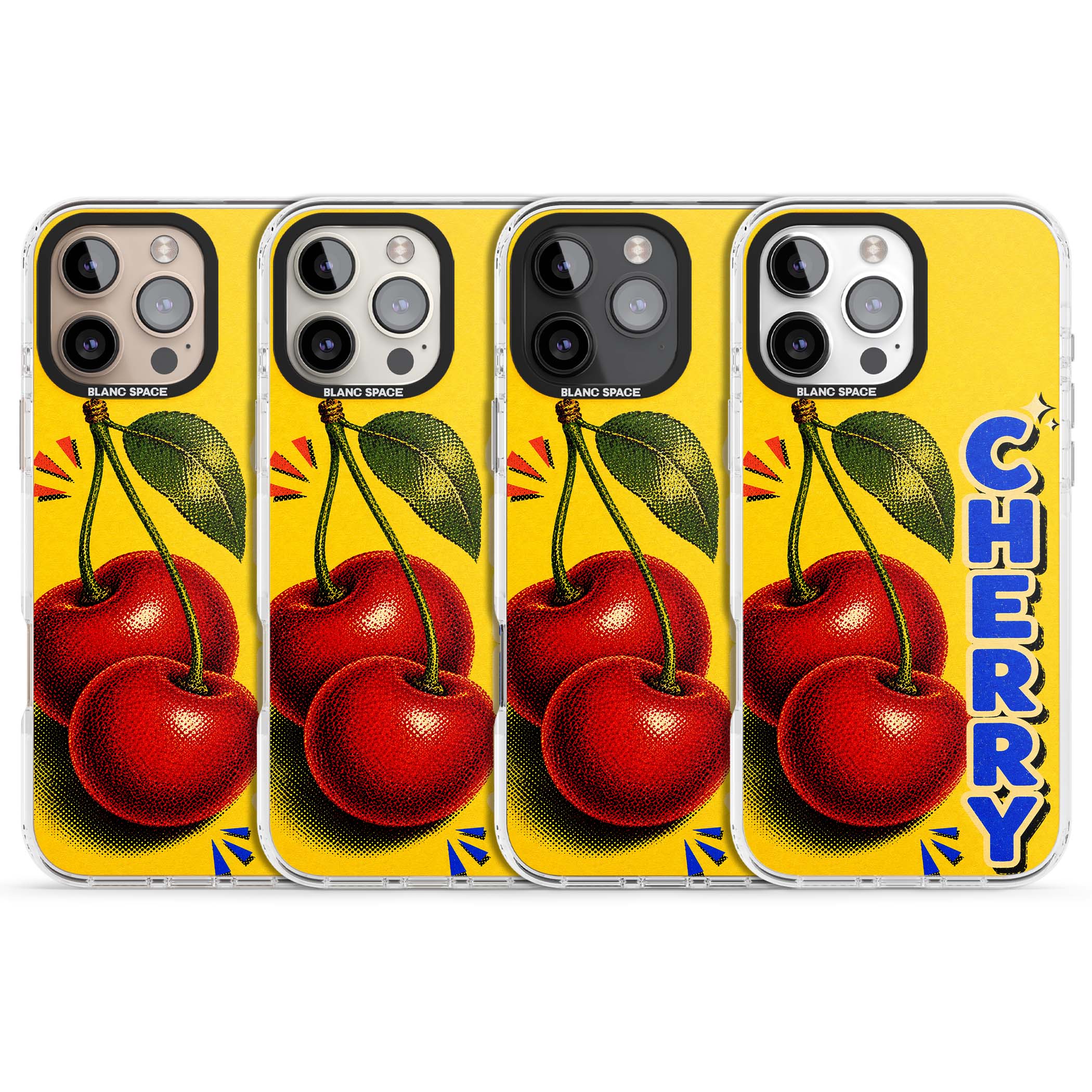 Cherry Yellow y2k iPhone case featuring two red cherries, halftone shading and bold blue CHERRY lettering on yellow | Clear Impact case for iPhone 16 Pro, iPhone 16 Pro Max