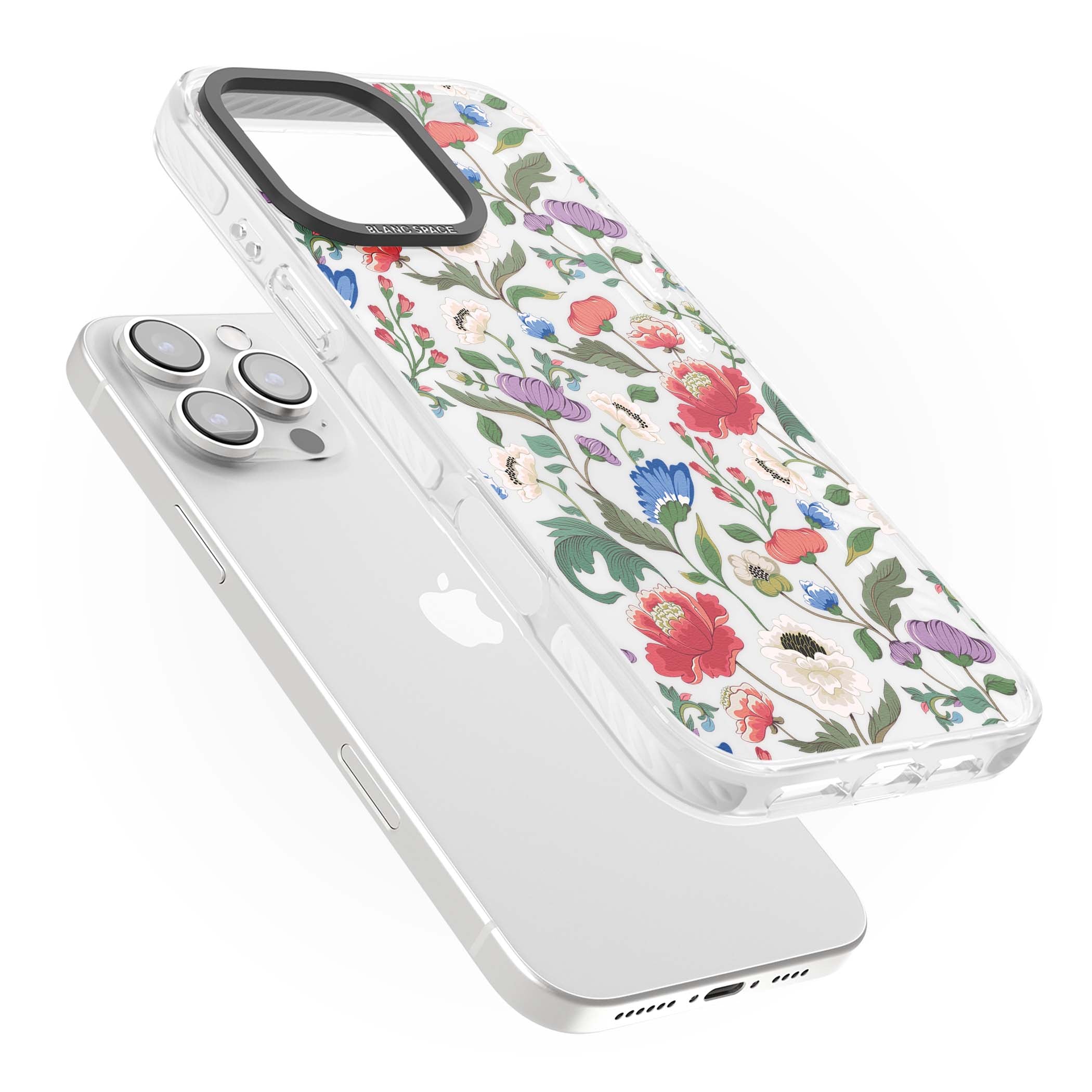 Chinoiserie Bloom vintage floral iPhone case featuring hand-painted peonies, poppies and trailing wildflowers on clear... | Clear Impact case for iPhone 16 Pro, iPhone 16 Pro Max