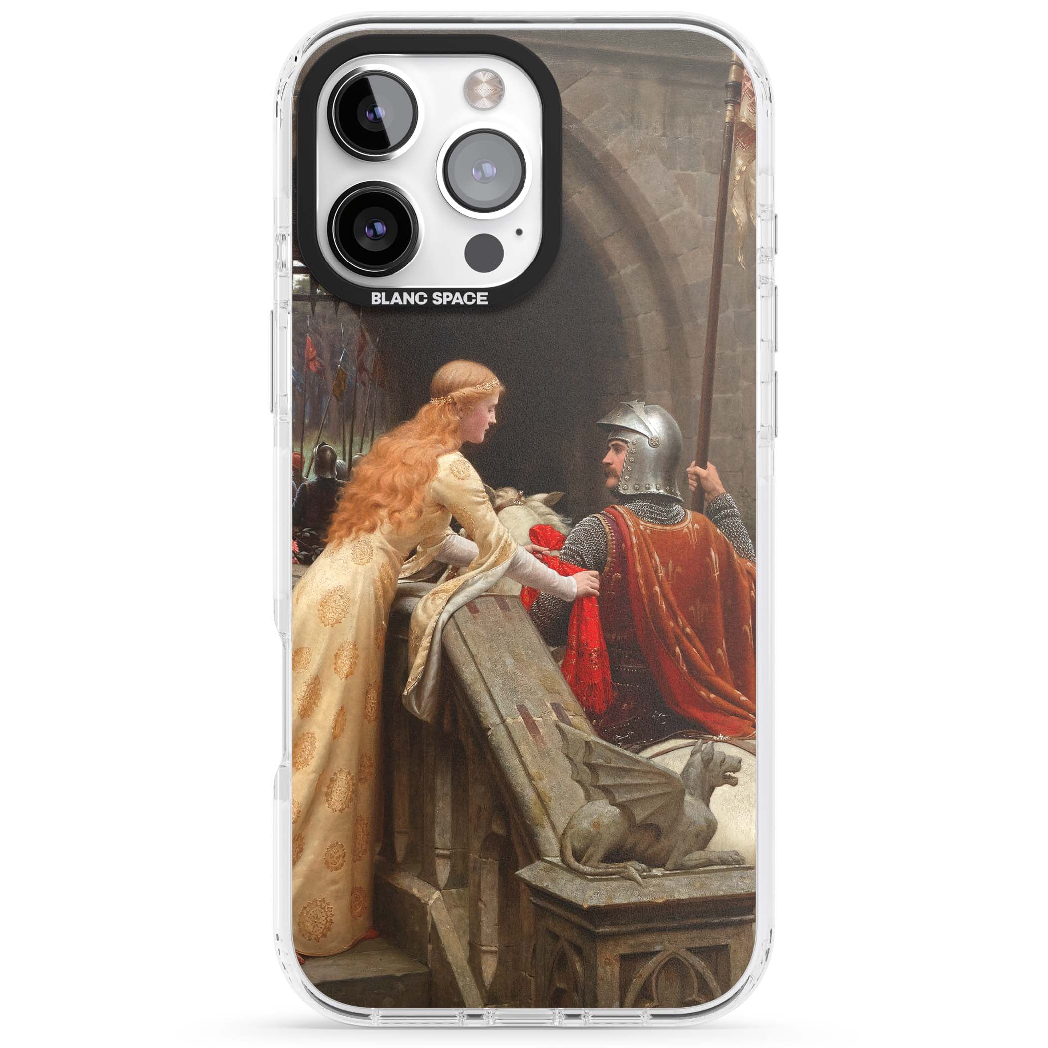 God Speed fine art iPhone case featuring Edmund Blair Leighton's medieval knight and lady beneath a stone archway | Clear Impact case for iPhone 16 Pro, iPhone 16 Pro Max