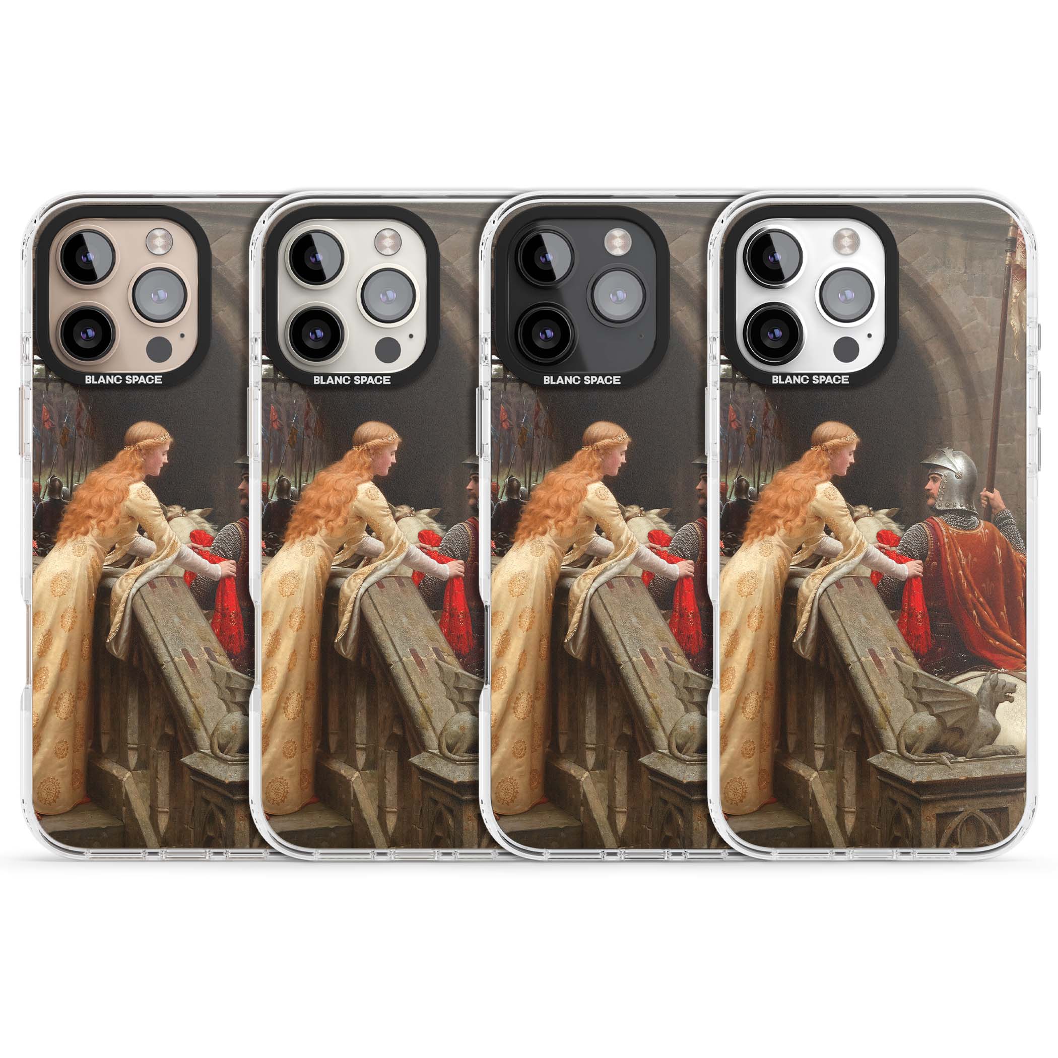 God Speed fine art iPhone case featuring Edmund Blair Leighton's medieval knight and lady beneath a stone archway | Clear Impact case for iPhone 16 Pro, iPhone 16 Pro Max