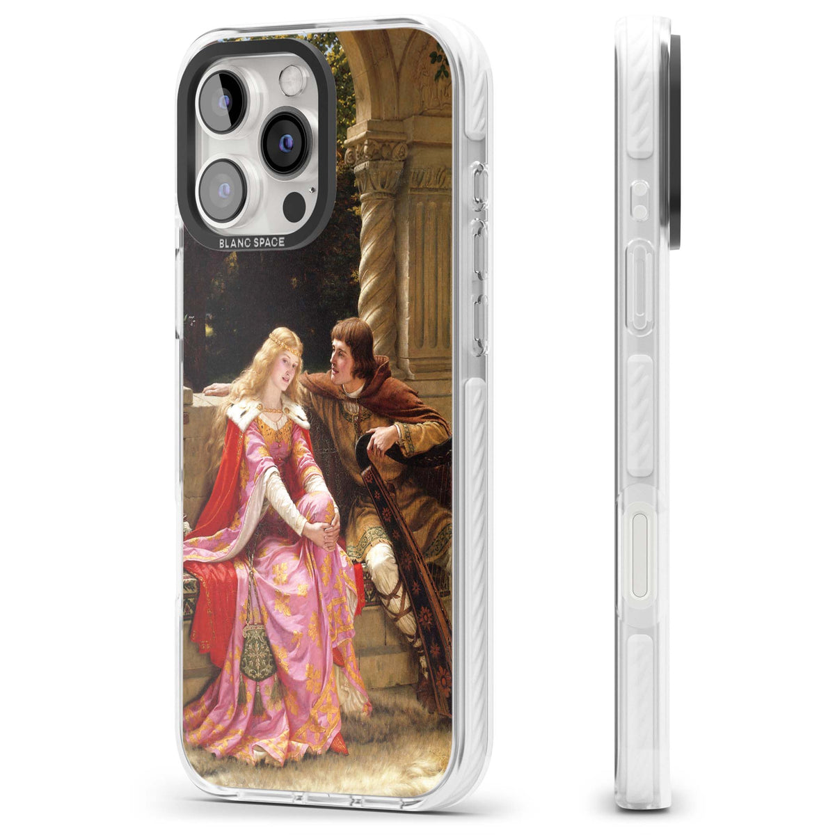 The End of the Song classic art iPhone case featuring a medieval lady in pink gown and her knight in a stone archway | Clear Impact case for iPhone 16 Pro, iPhone 16 Pro Max