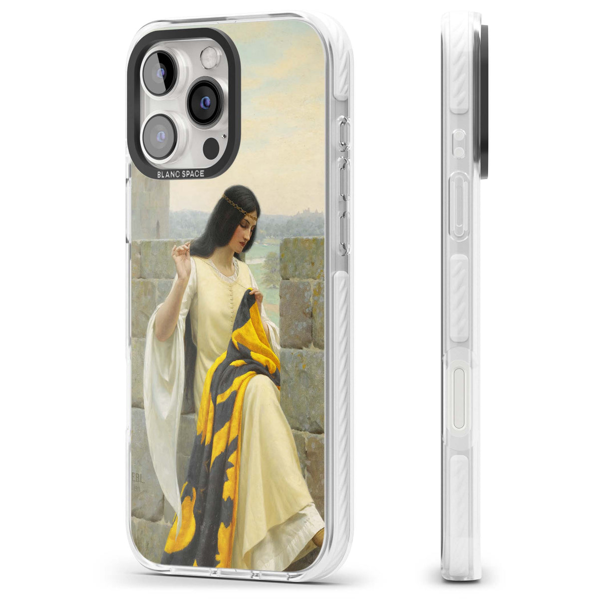 Stitching the Standard renaissance art iPhone case featuring a medieval lady sewing a golden banner on a castle wall | Clear Impact case for iPhone 16 Pro, iPhone 16 Pro Max