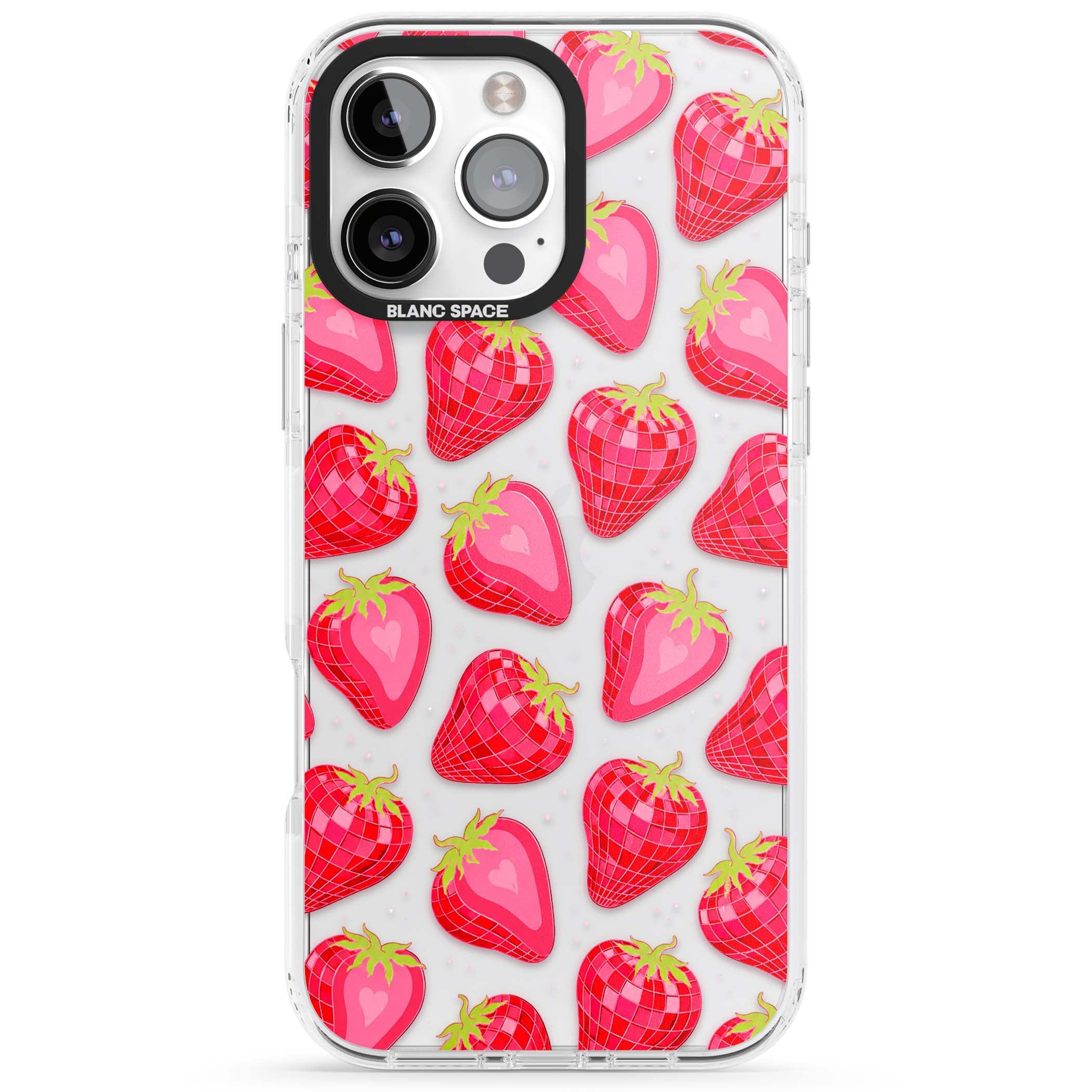 Disco Strawberry Y2K iPhone case featuring pink disco-ball strawberries, green leaves and tiny sparkles | Clear Impact case for iPhone 16 Pro, iPhone 16 Pro Max