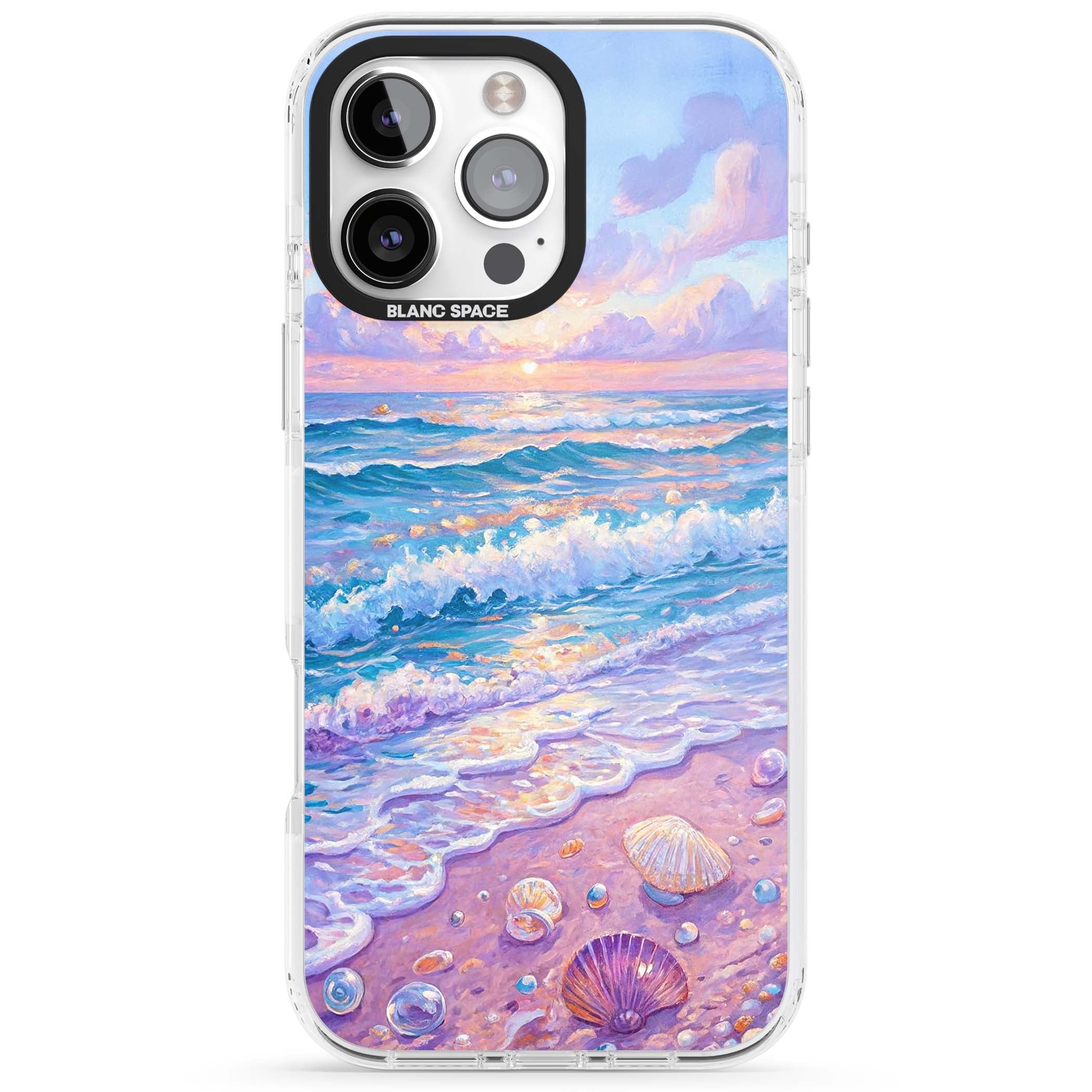 Pearl Shore coastal iPhone case featuring pastel painted waves, seashells, and a sunrise sky over a lavender beach. | Clear Impact case for iPhone 16 Pro, iPhone 16 Pro Max