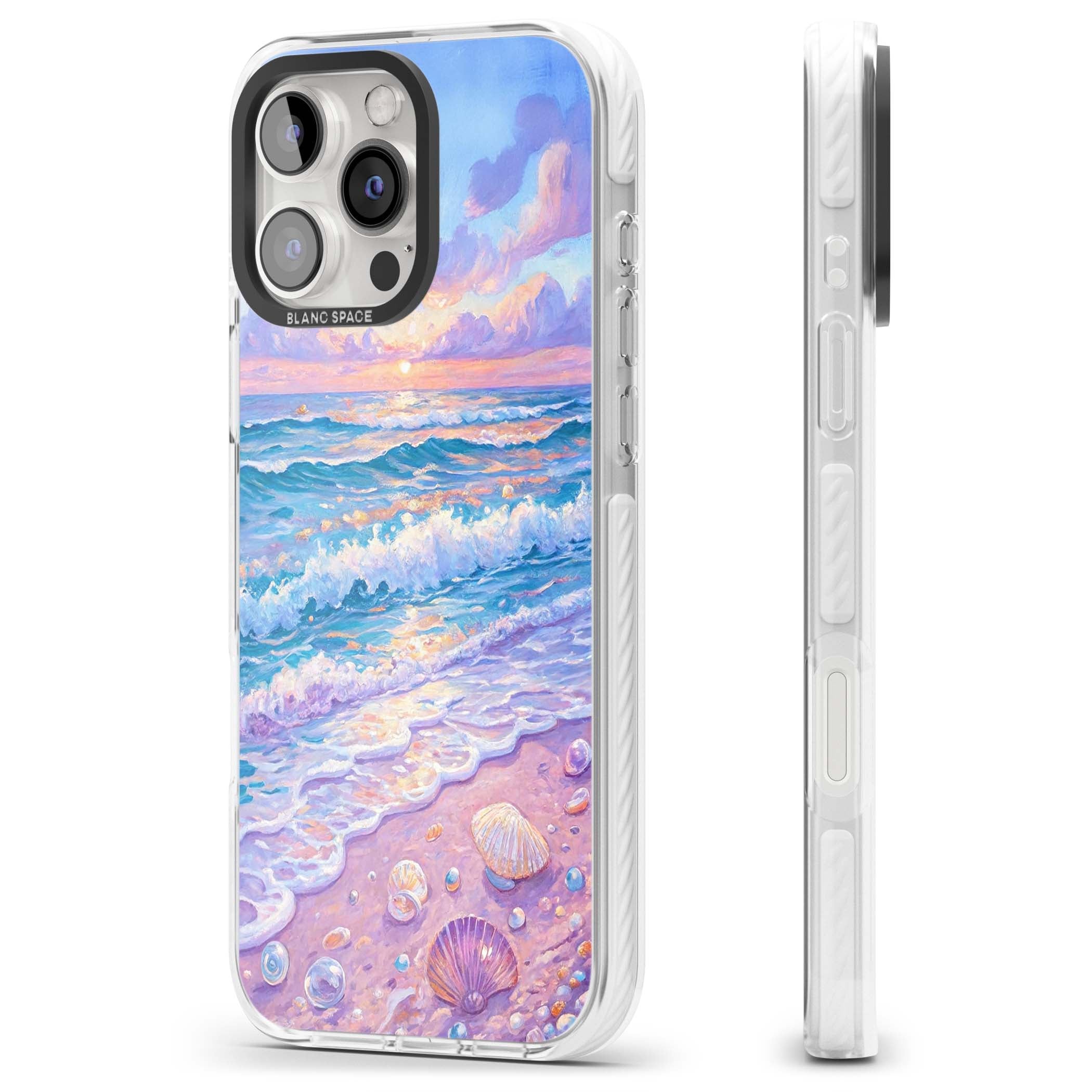 Pearl Shore coastal iPhone case featuring pastel painted waves, seashells, and a sunrise sky over a lavender beach. | Clear Impact case for iPhone 16 Pro, iPhone 16 Pro Max