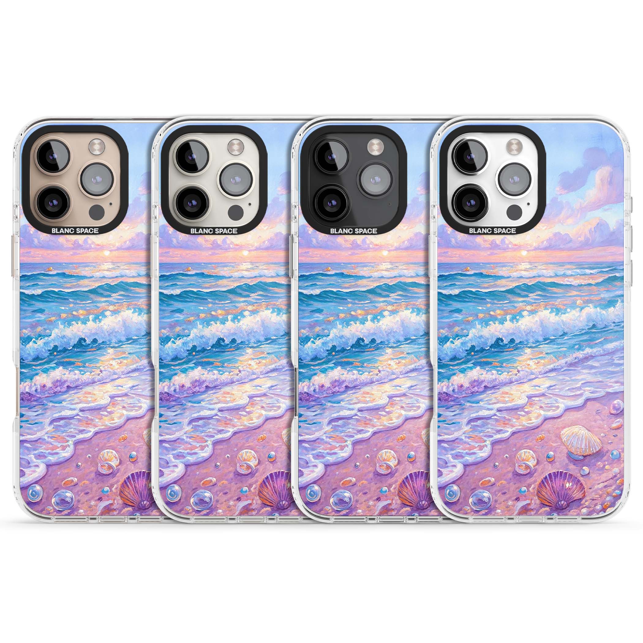Pearl Shore coastal iPhone case featuring pastel painted waves, seashells, and a sunrise sky over a lavender beach. | Clear Impact case for iPhone 16 Pro, iPhone 16 Pro Max