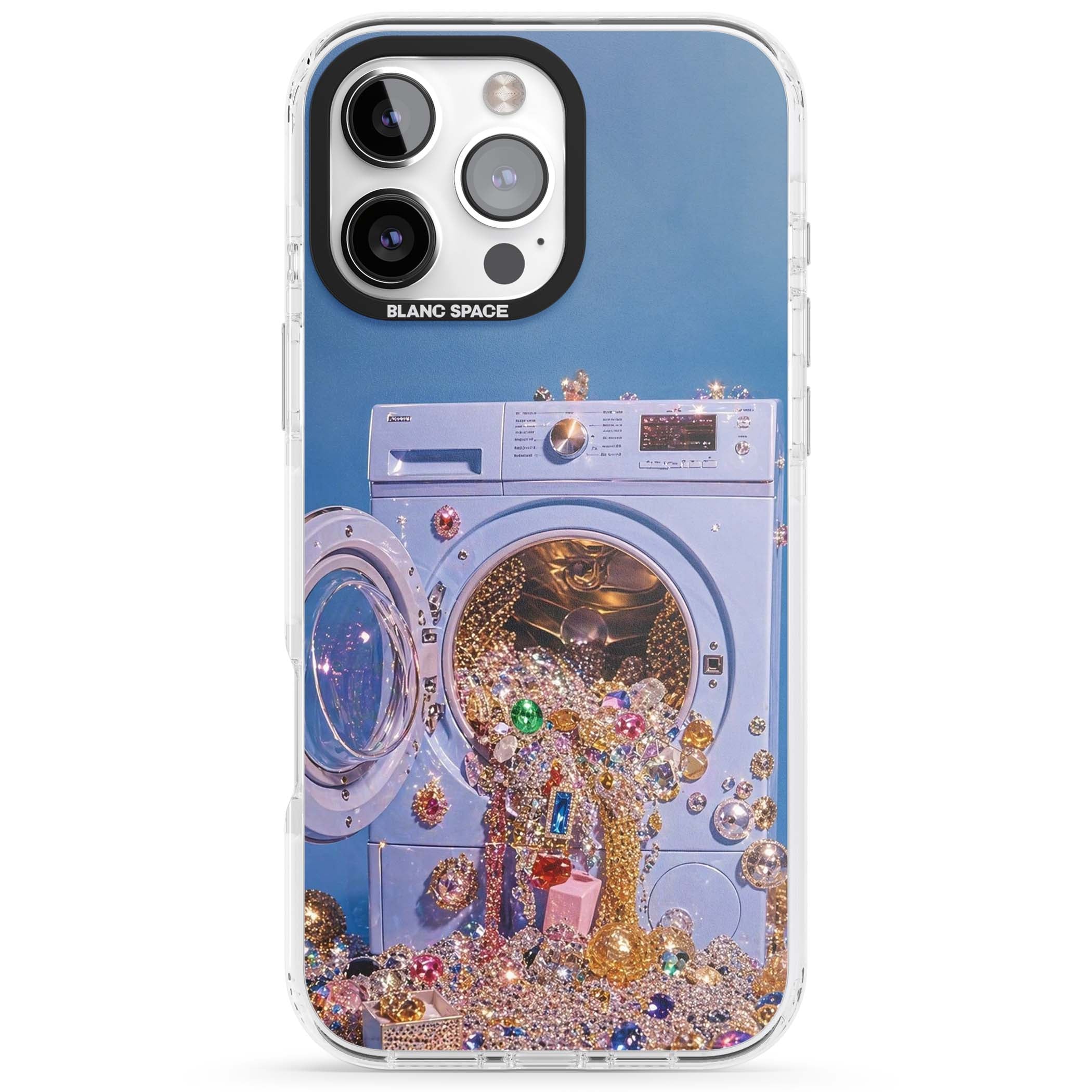 Gem Laundry baddie iPhone case featuring a surreal washing machine overflowing with colourful gemstones and crystals | Clear Impact case for iPhone 16 Pro, iPhone 16 Pro Max