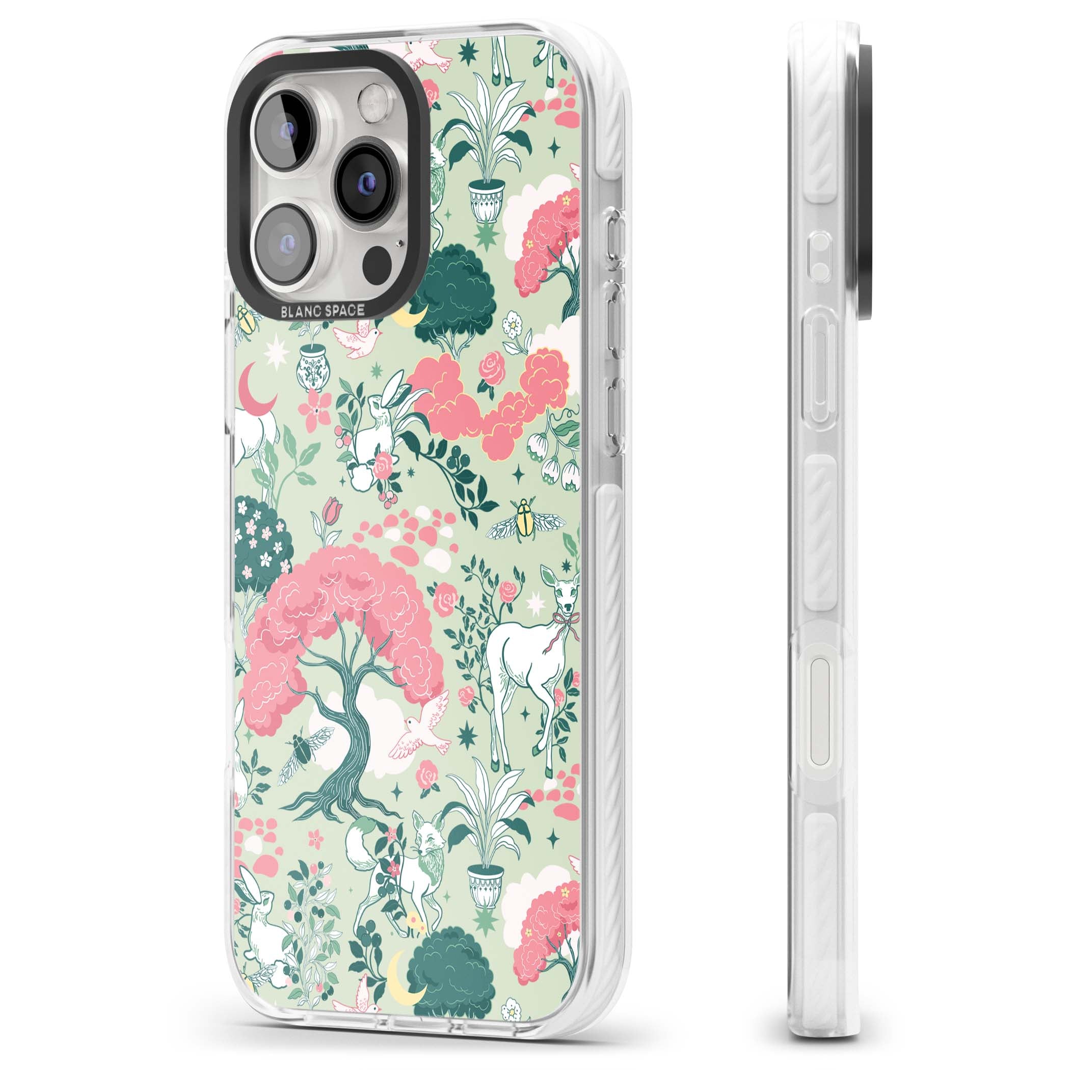Enchanted Woodland cottagecore iPhone case featuring white deer, pink roses, mushrooms and woodland animals on sage green | Clear Impact case for iPhone 16 Pro, iPhone 16 Pro Max