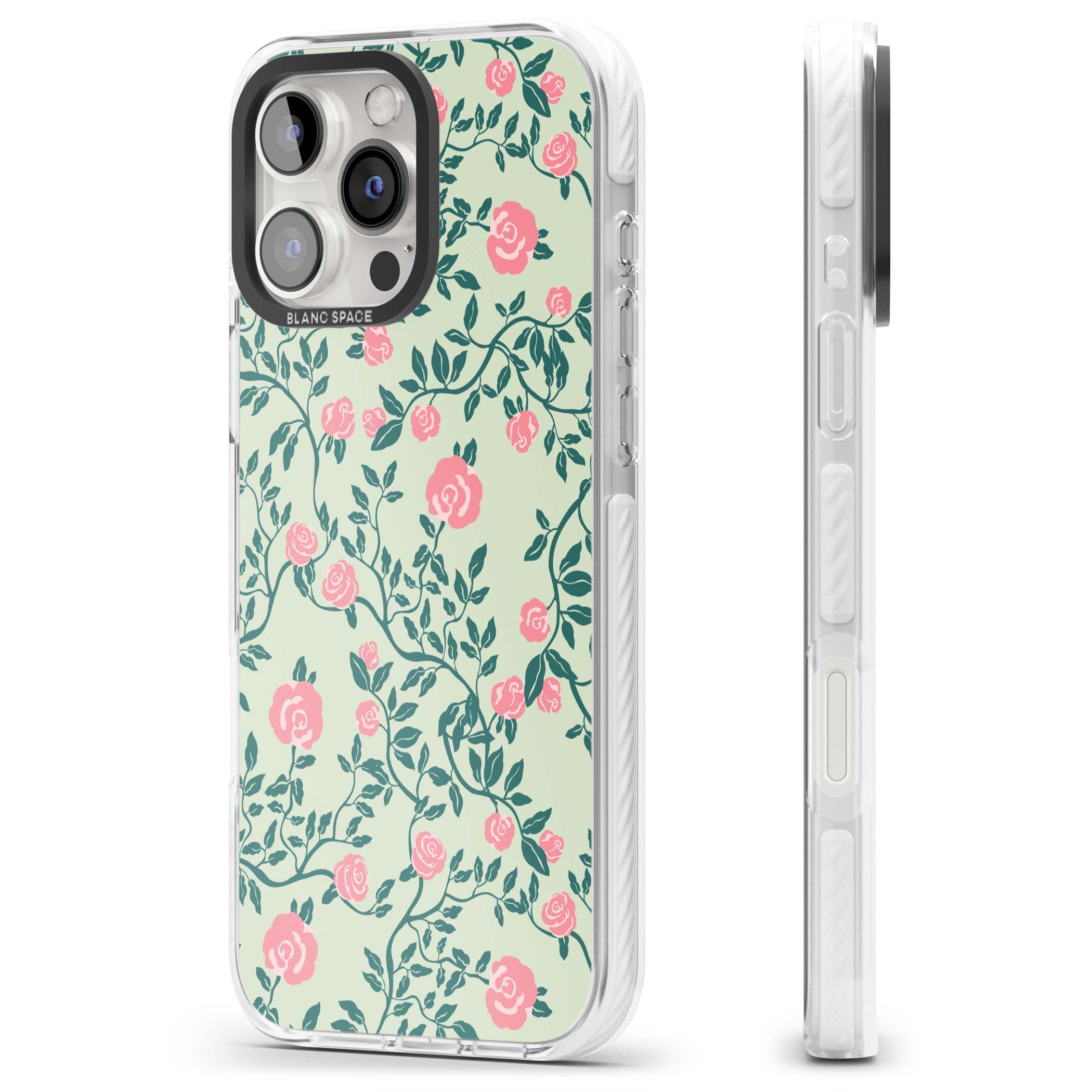 Rose Trellis cottagecore iPhone case featuring pink roses, sage green vines, and mint background | Clear Impact case for iPhone 16 Pro, iPhone 16 Pro Max