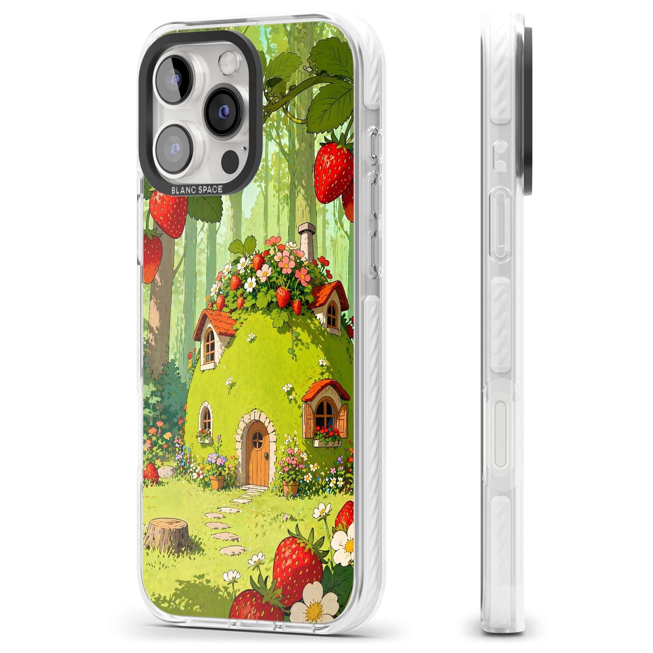Strawberry Cottage cottagecore iPhone case featuring a green fairy house, wild strawberries and enchanted forest flowers | Clear Impact case for iPhone 16 Pro, iPhone 16 Pro Max