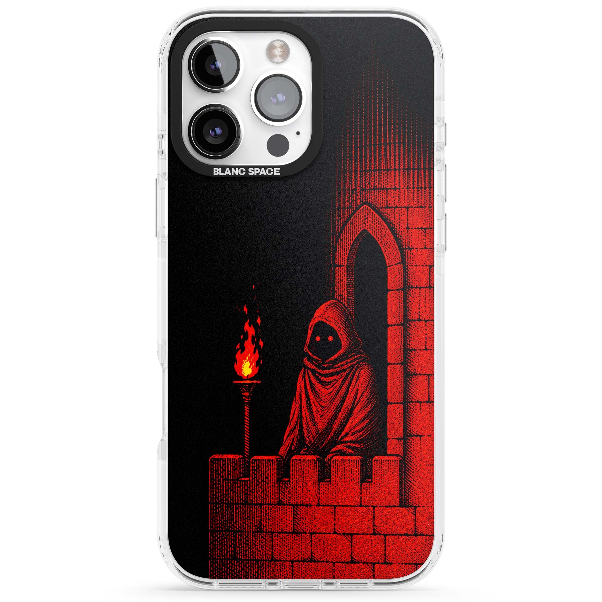 Crimson Crypt gothic iPhone case featuring a hooded reaper, torchlit crypt archway and red halftone horror art | Clear Impact case for iPhone 16 Pro, iPhone 16 Pro Max