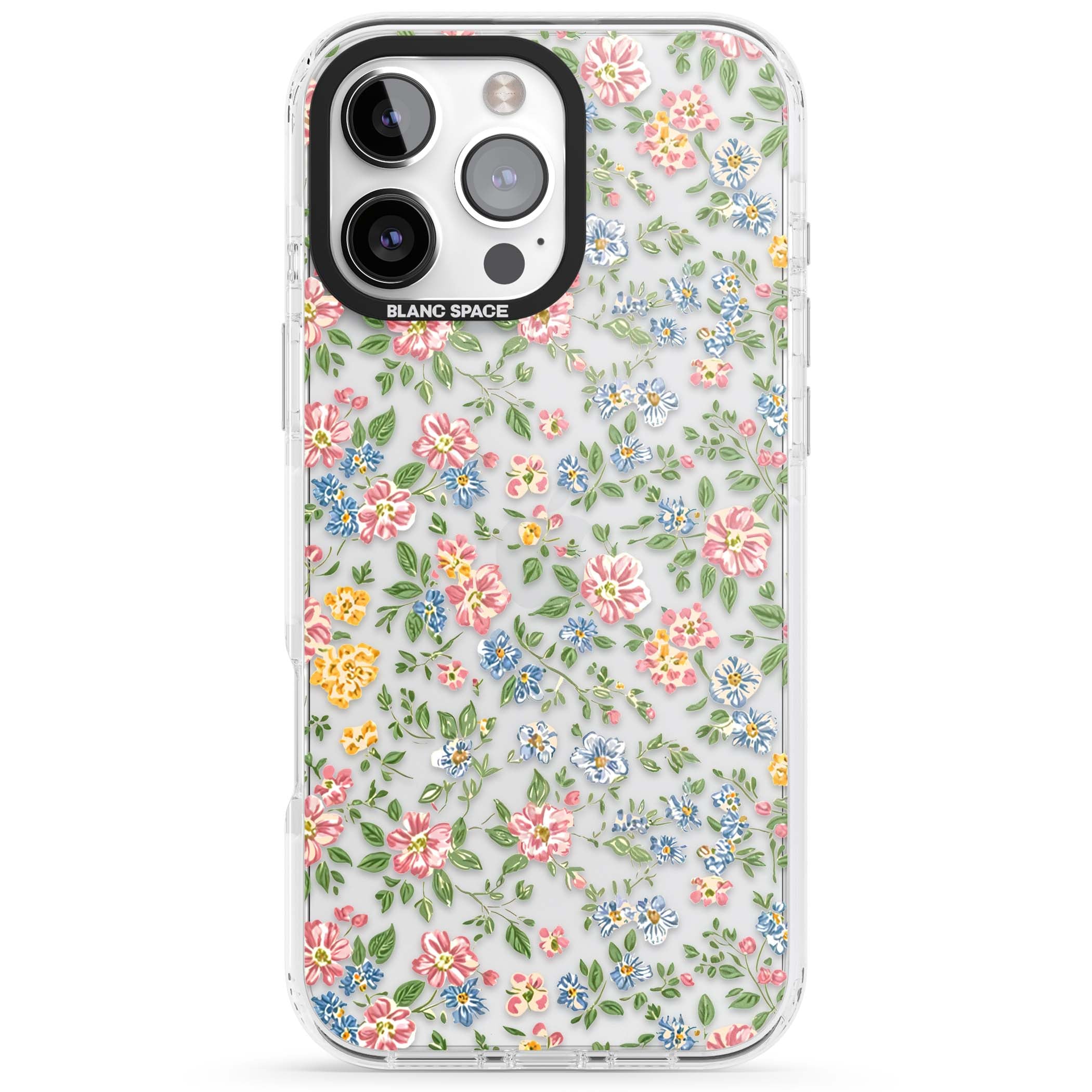 Soft Meadow cottagecore iPhone case featuring pink cosmos, blue forget-me-nots, yellow buttercups and green leaves sca | Clear Impact case for iPhone 16 Pro, iPhone 16 Pro Max