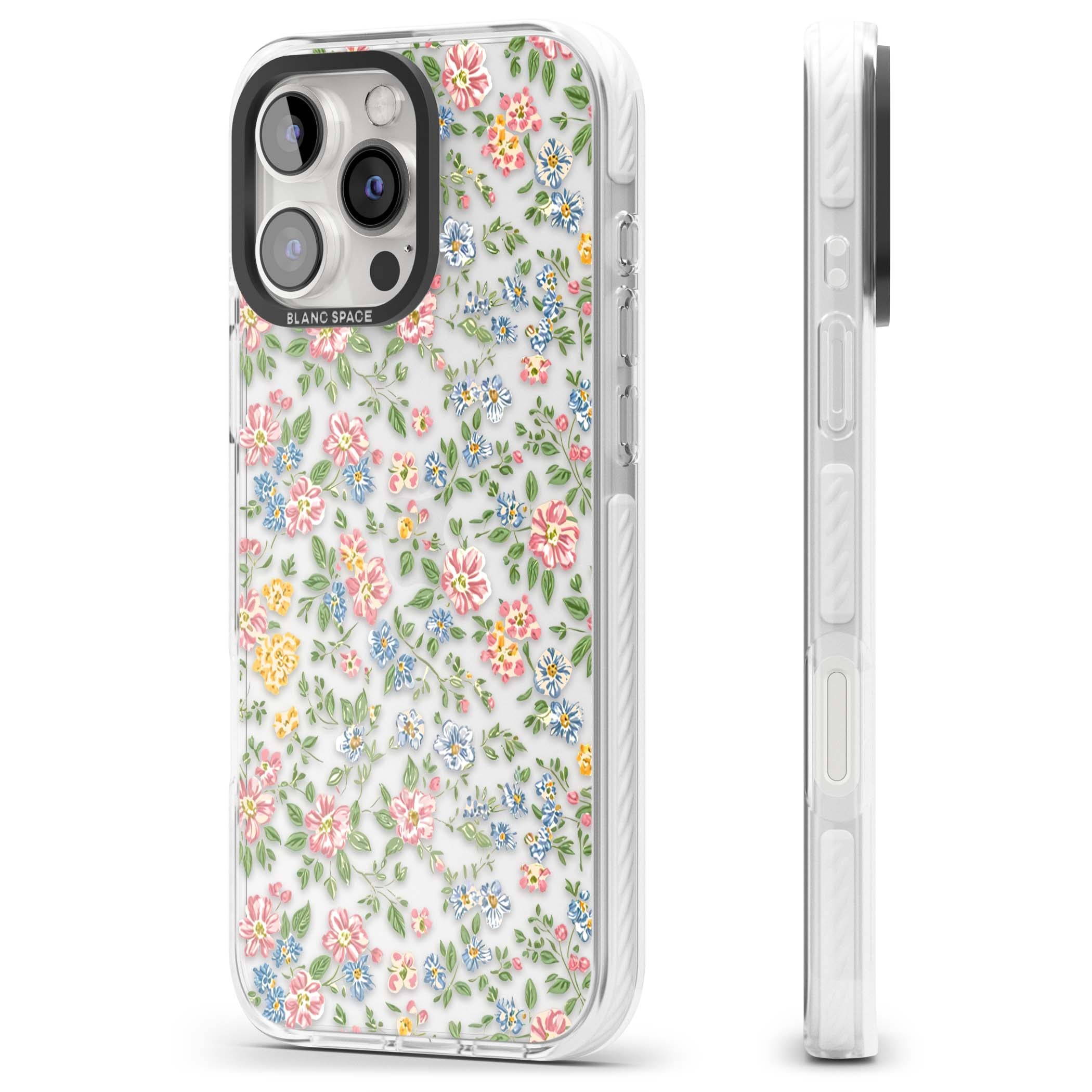 Soft Meadow cottagecore iPhone case featuring pink cosmos, blue forget-me-nots, yellow buttercups and green leaves sca | Clear Impact case for iPhone 16 Pro, iPhone 16 Pro Max