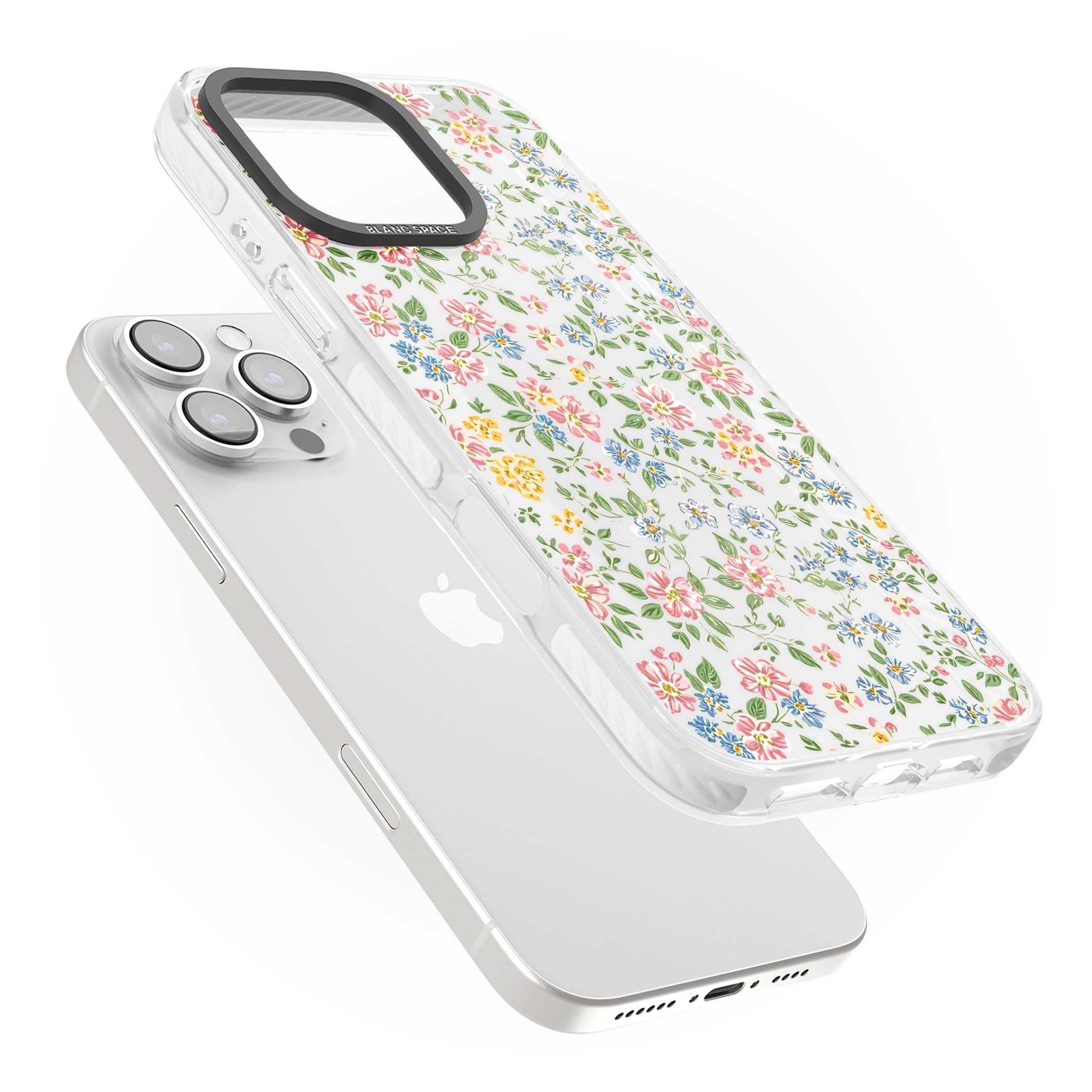 Soft Meadow cottagecore iPhone case featuring pink cosmos, blue forget-me-nots, yellow buttercups and green leaves sca | Clear Impact case for iPhone 16 Pro, iPhone 16 Pro Max