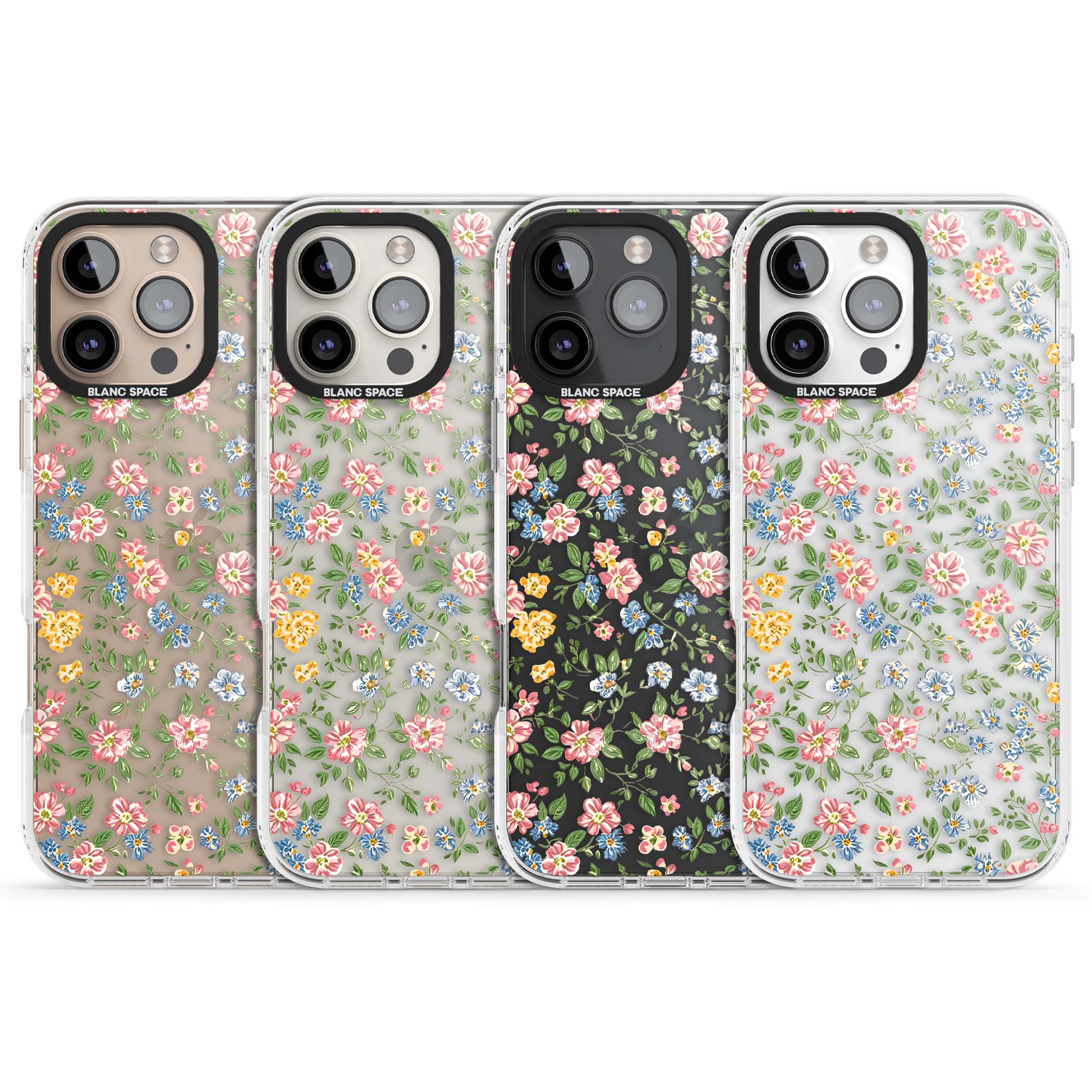 Soft Meadow cottagecore iPhone case featuring pink cosmos, blue forget-me-nots, yellow buttercups and green leaves sca | Clear Impact case for iPhone 16 Pro, iPhone 16 Pro Max