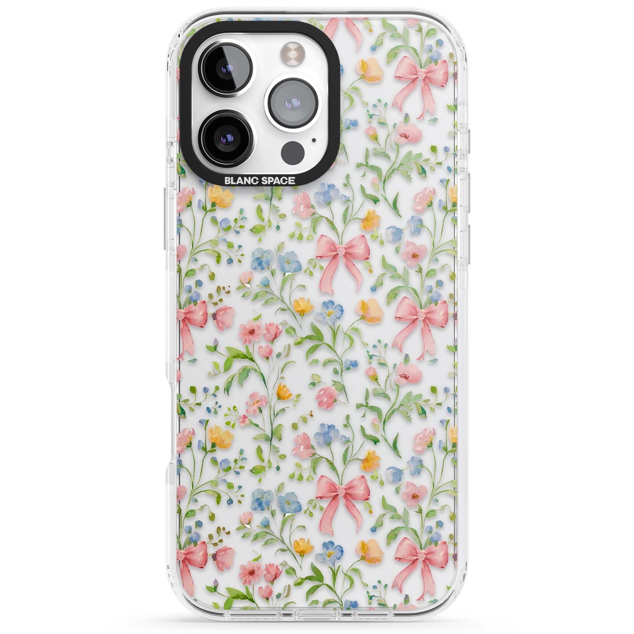Ribbons & Wildflowers cottagecore iPhone case featuring watercolor wildflowers, pink satin bows, and delicate spring blooms o | Clear Impact case for iPhone 16 Pro, iPhone 16 Pro Max