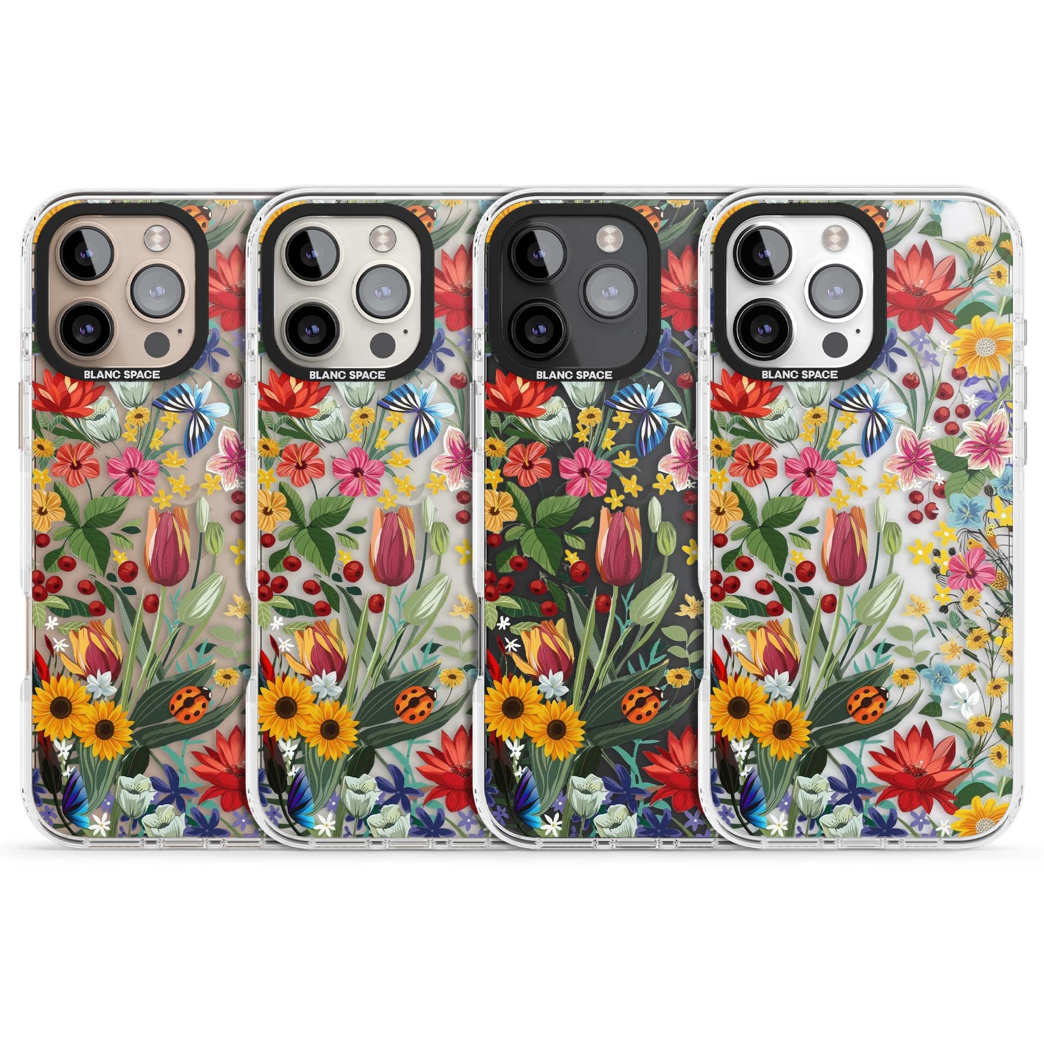 Botanical Bloom cottagecore iPhone case featuring colorful wildflowers, sunflowers, and ladybugs on clear background | Clear Impact case for iPhone 16 Pro, iPhone 16 Pro Max