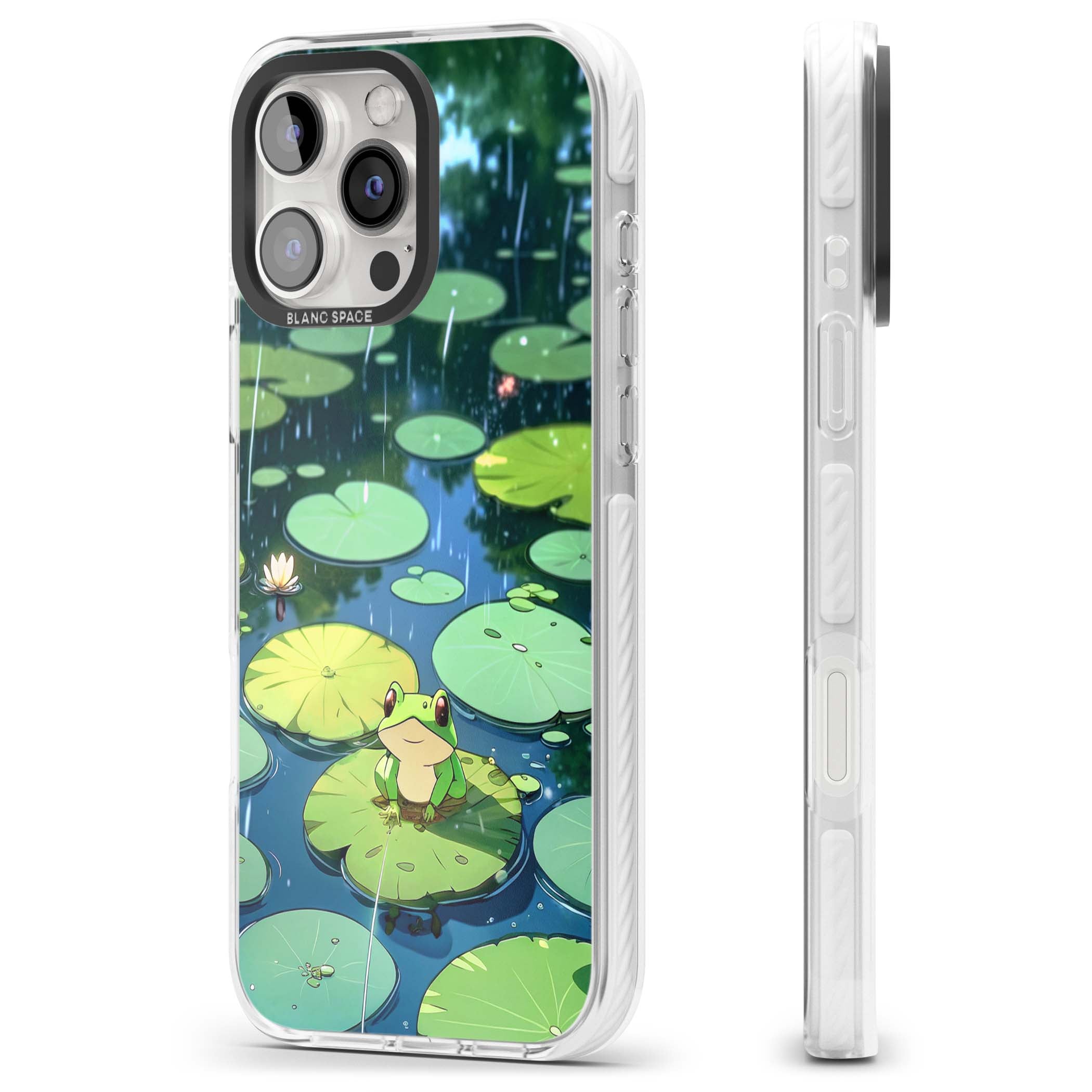 Frog In Lily Pond cottagecore iPhone case featuring a cute green frog on a lily pad with falling rain and a lotus flower | Clear Impact case for iPhone 16 Pro, iPhone 16 Pro Max