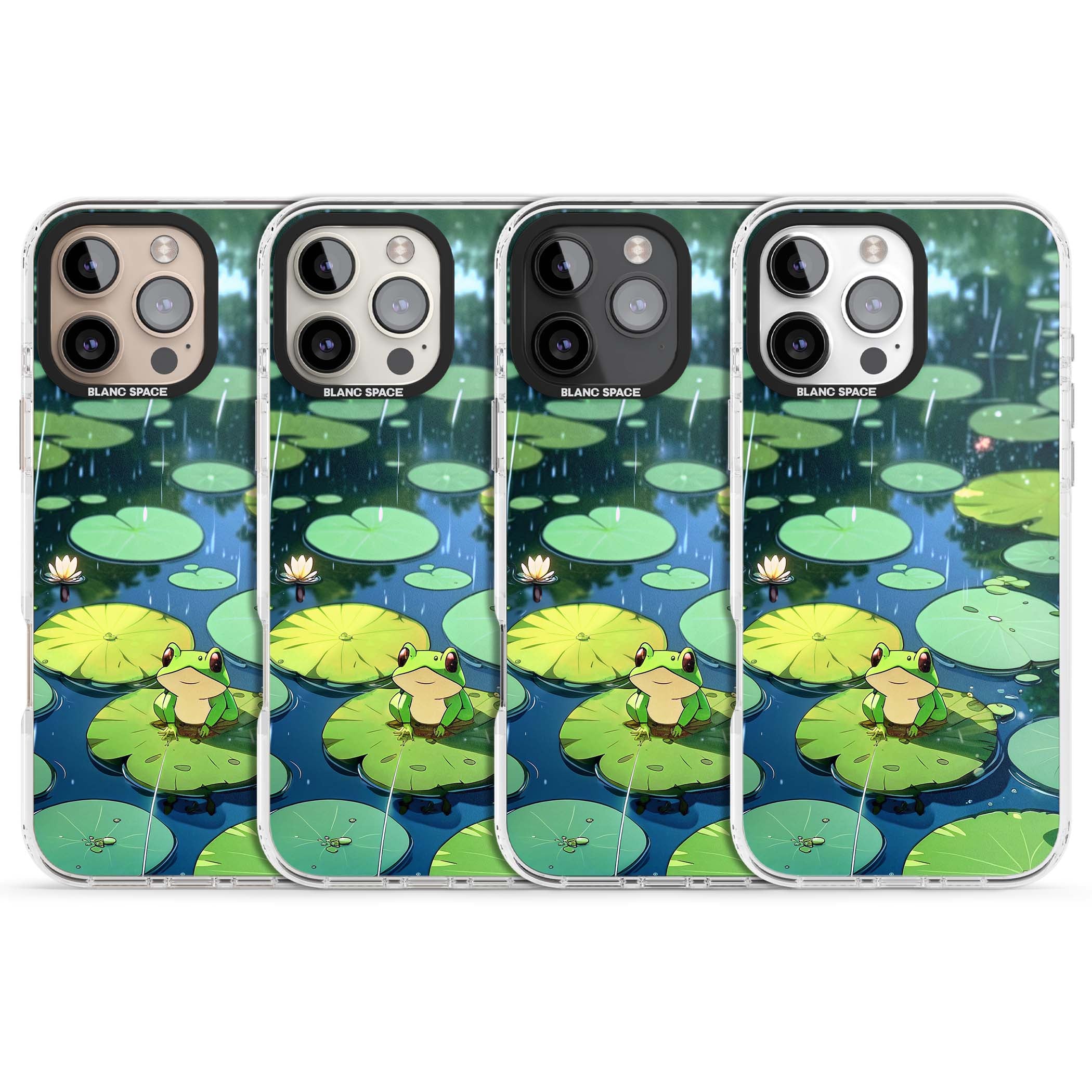 Frog In Lily Pond cottagecore iPhone case featuring a cute green frog on a lily pad with falling rain and a lotus flower | Clear Impact case for iPhone 16 Pro, iPhone 16 Pro Max